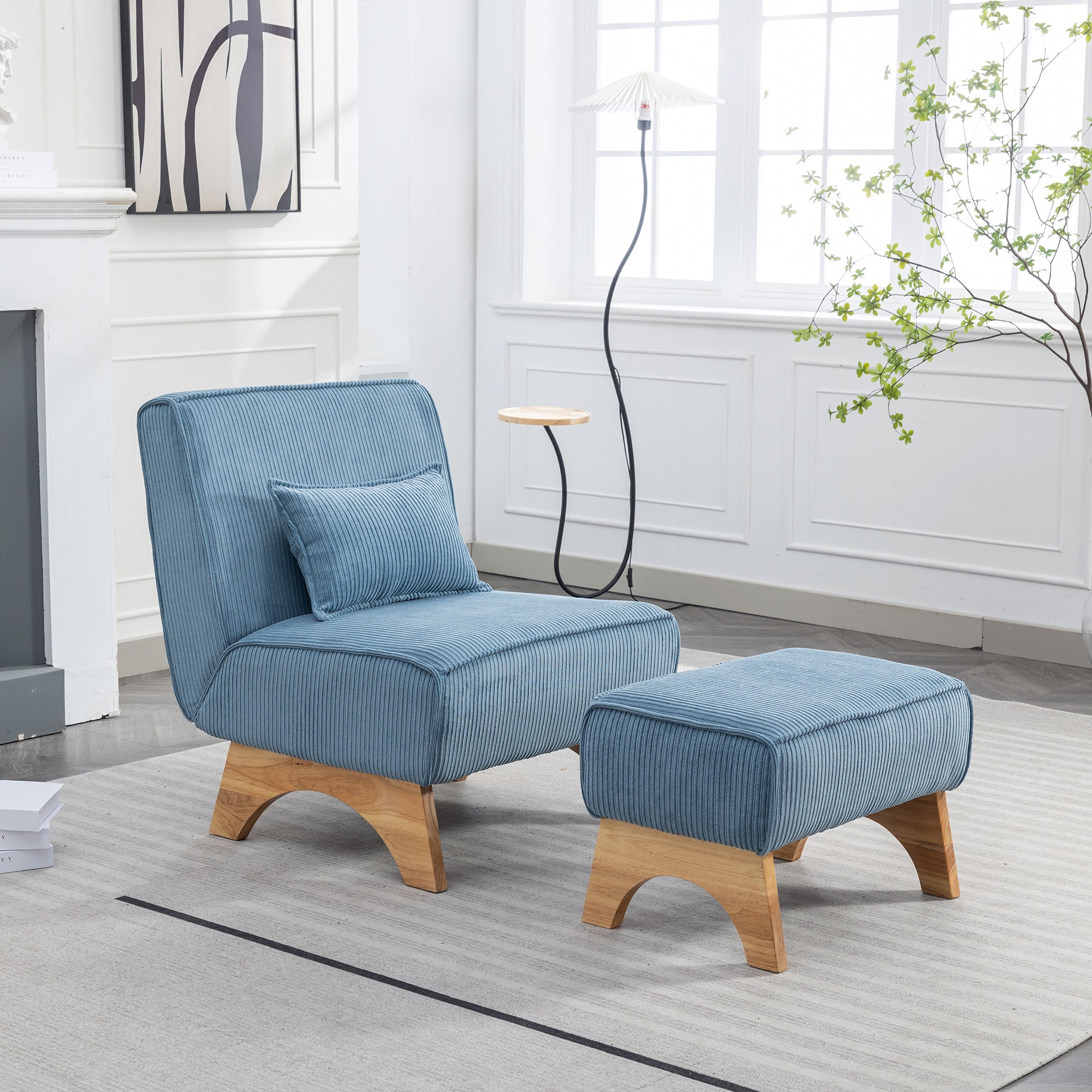 29.13" Wide Accent Chair with Ottoman lounge Armless blue-corduroy