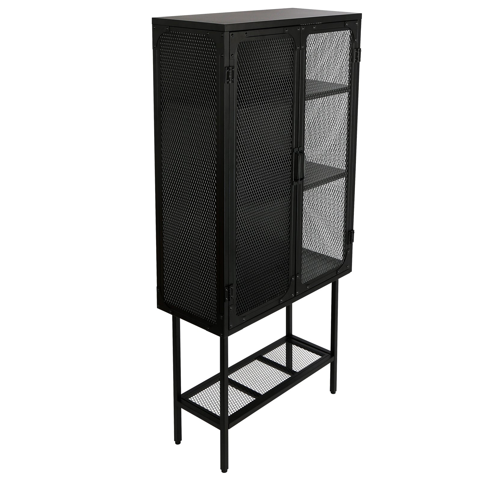 Industrial Cabinet Cupboard With 2 Metal Mesh Doors Adjustable Shelves And Feet Bottom Shelf Anti Tip Dust Free Kitchen Credenza Sideboard Black Black Steel