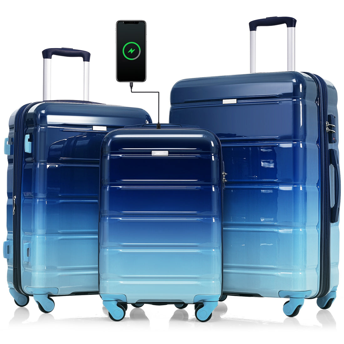 Luggage Set Of 3, 20 Inch With Usb Port, Airline Certified Carry On Luggage With Cup Holder, Abs Pc Hard Shell Luggage With Spinner Wheels, Gradient Blue Blue Abs Pc