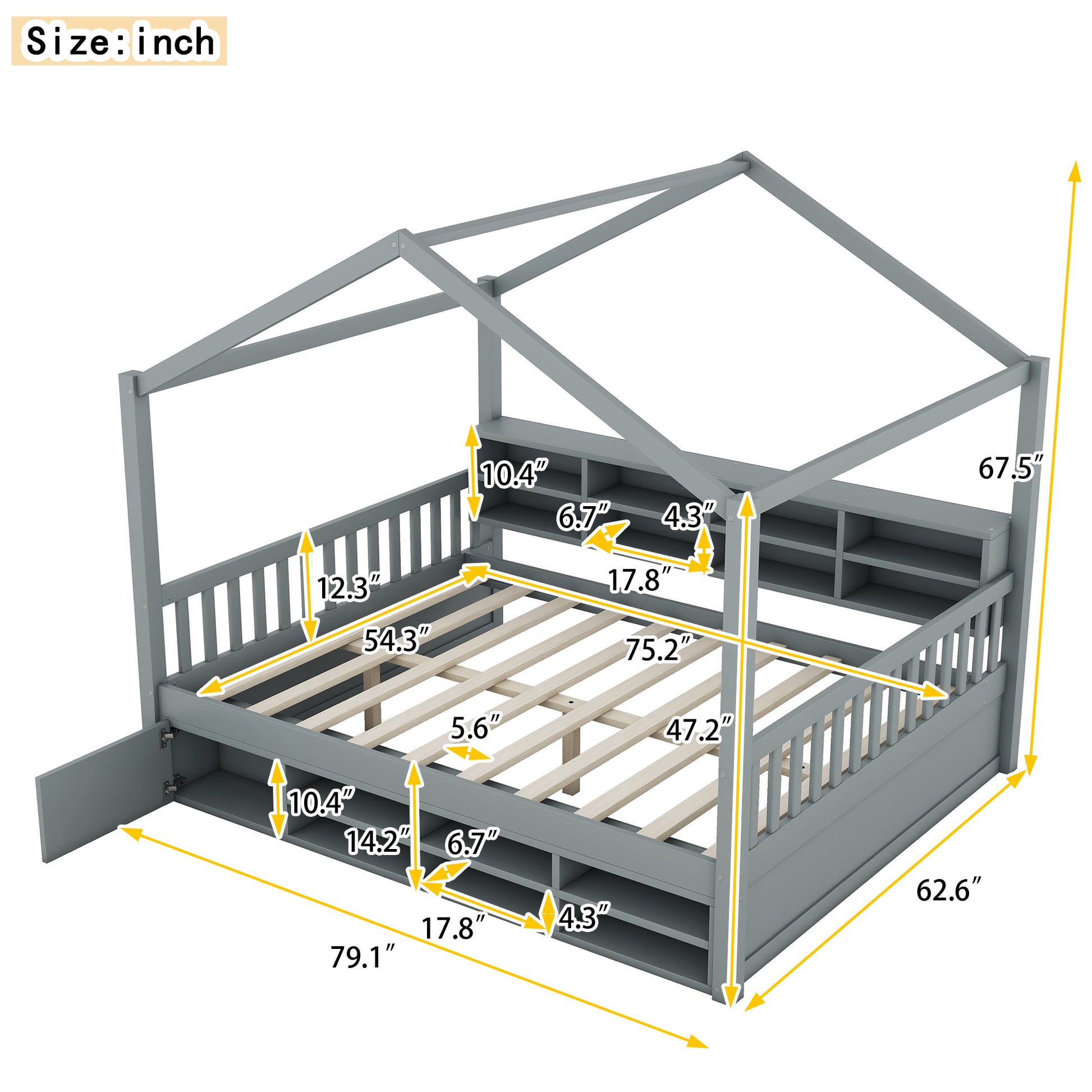 Full Size Wooden House Bed With Shelves And A Mini Cabinet, Gray Box Spring Not Required Gray Wood Bedroom Pine Bed Frame Wood