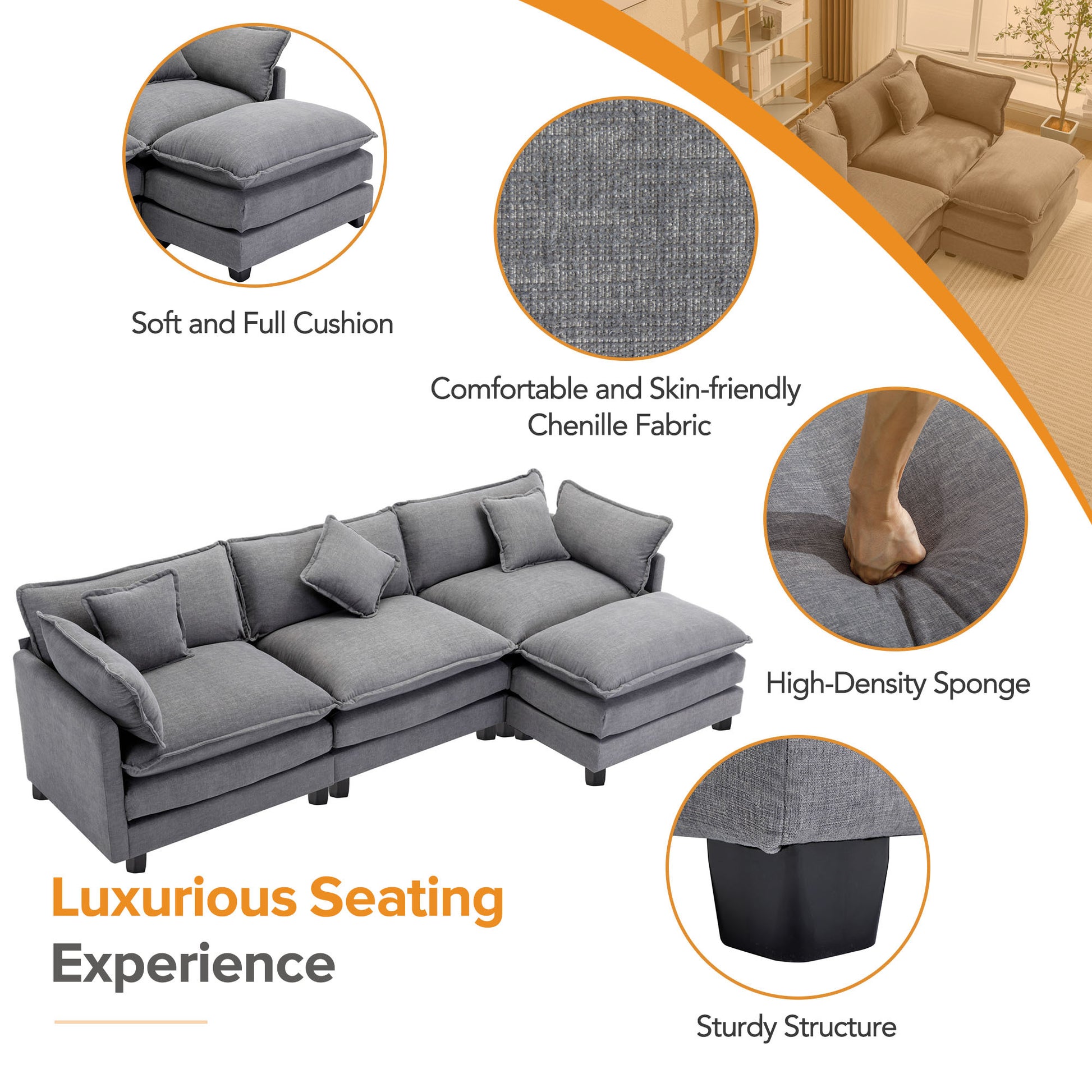 112.2" L Shape Chenille Upholstered Sofa For Living Room Modern Luxury Sofa Couch With Ottoman, 5 Pillows, Gray Gray Foam 4 Seat