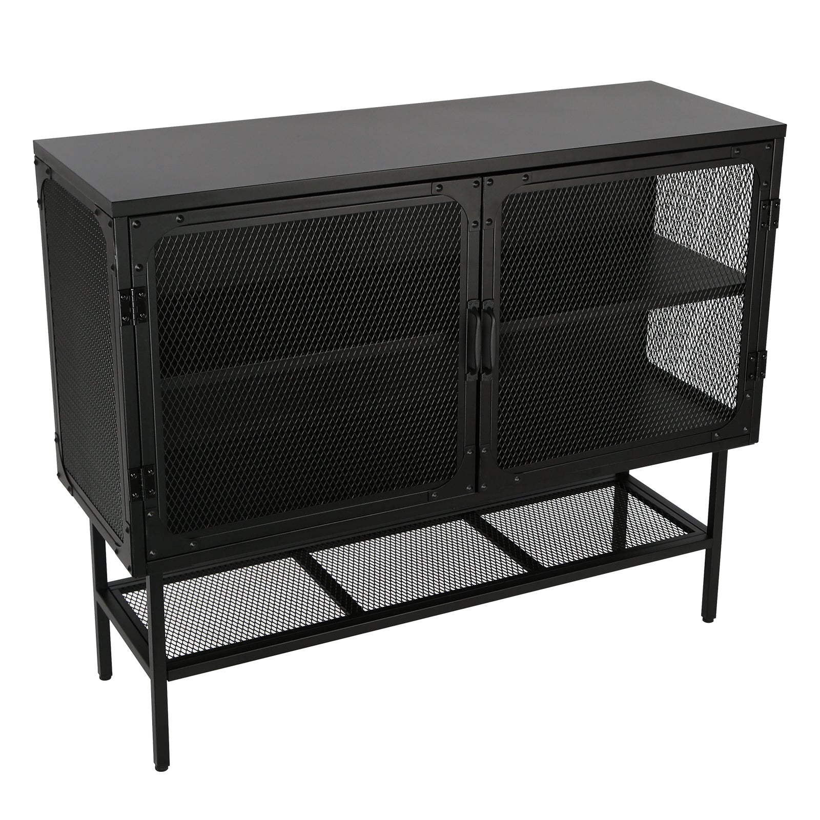 Industrial Double Door Cabinet Console Table With 2 Mesh Doors Adjustable Shelf And Feet Bottom Shelf Anti Tip Dust Free Kitchen Credenza Sideboard Frosted Black Black Steel