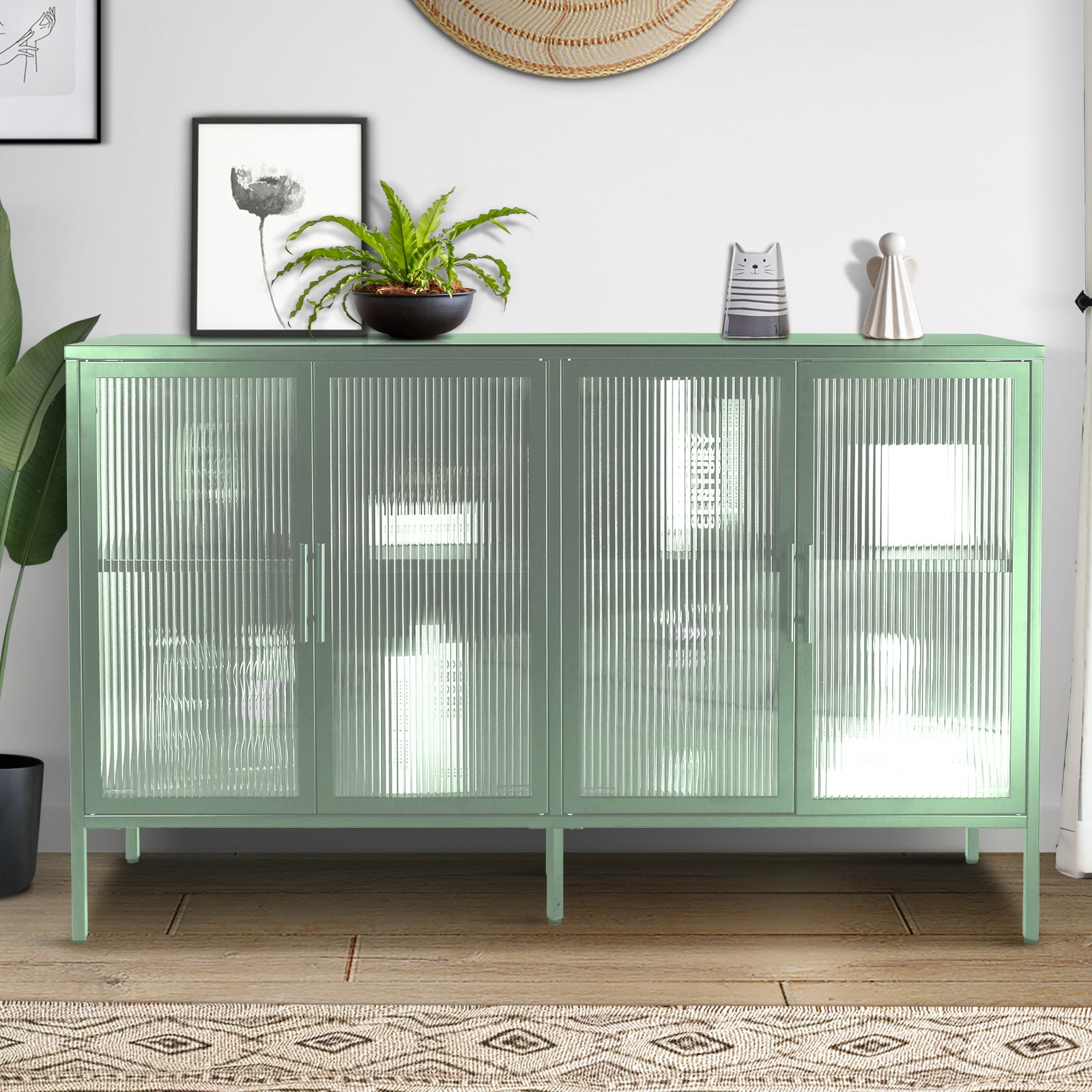 Stylish 4 Door Tempered Glass Cabinet With 4 Glass Doors Adjustable Shelf And Feet Anti Tip Dust Free Fluted Glass Kitchen Credenza Light Green Mint Green Tempered Glass Sheet Metal Plastic