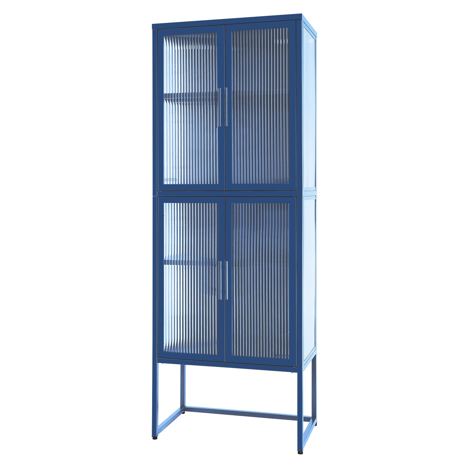 Stylish 4 Door Tempered Glass Cabinet With 4 Glass Doors Adjustable Shelves U Shaped Leg Anti Tip Dust Free Fluted Glass Kitchen Credenza Blue Blue Tempered Glass Sheet Metal Plastic