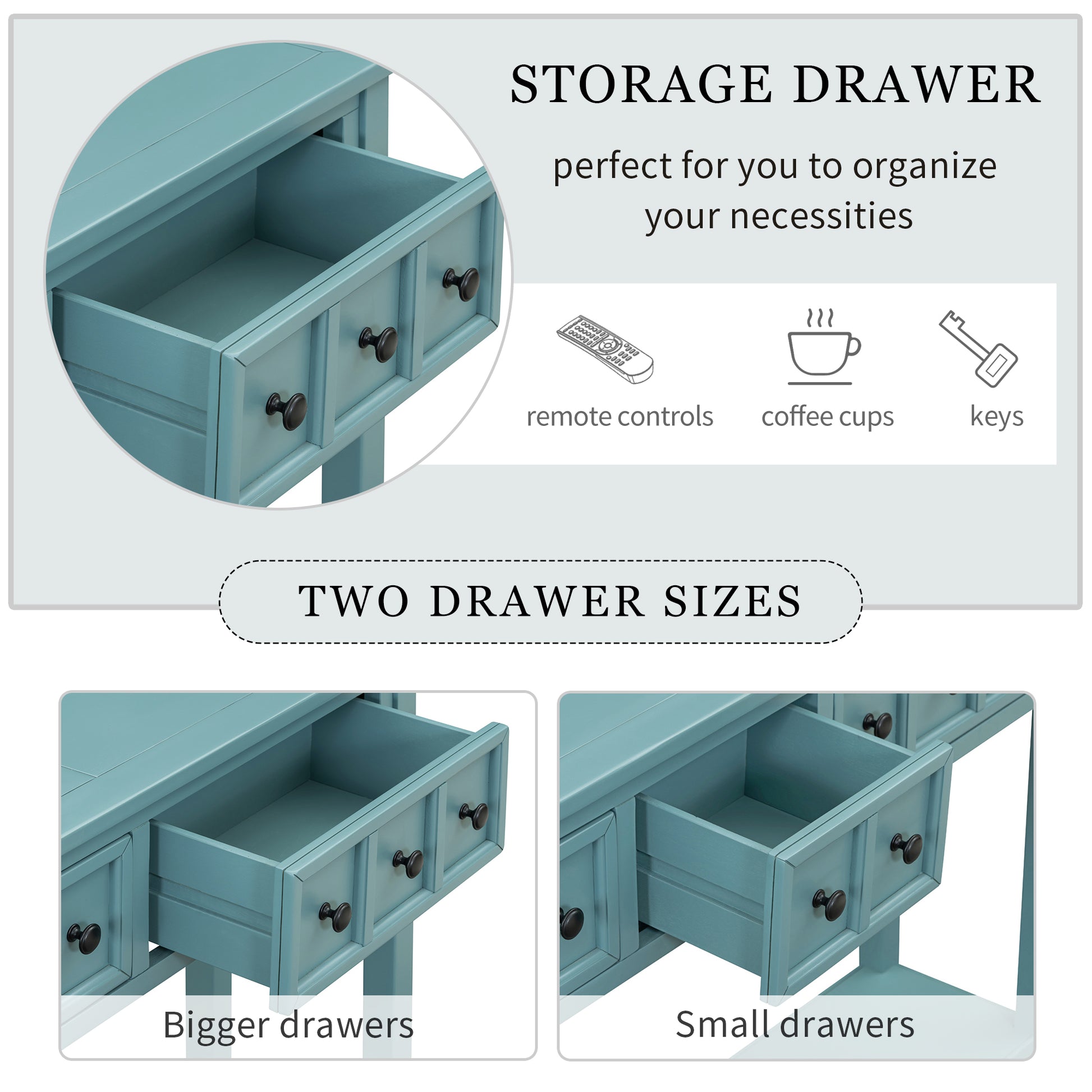 Rustic Entryway Console Table, 60" Long Sofa Table With Two Different Size Drawers And Bottom Shelf For Storage Turquoise Green Turquoise Green Solid Wood