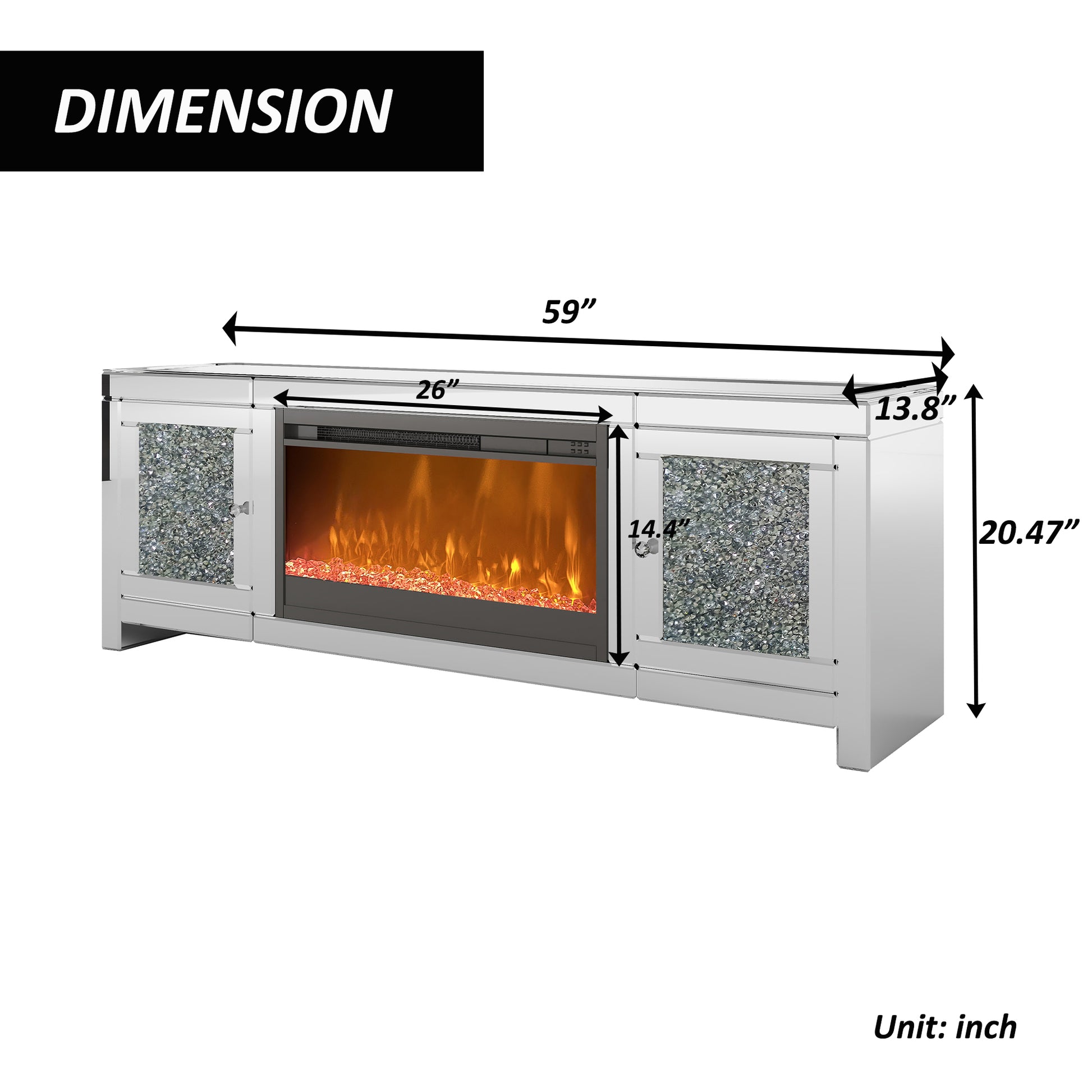 Mirror Glass Tv Stand With Electric Fireplace, Crystal Decor Doors, 7 Colors Choosen, Remote Control, 8H Timing Silver 60 69 Inches Mdf Glass