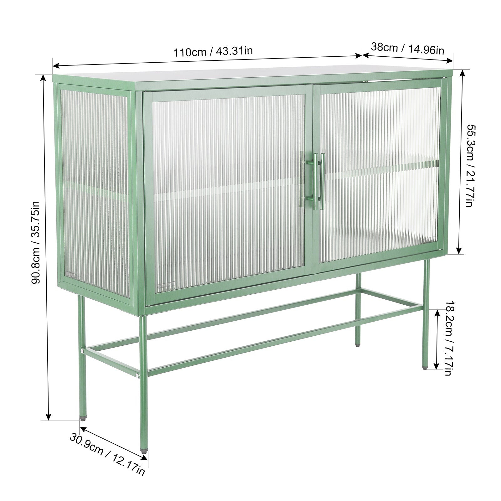 Double Door Tempered Glass Sideboard Console Table With 2 Fluted Glass Doors Adjustable Shelf And Feet Anti Tip Dust Free Kitchen Credenza Cabinet Light Green Mint Green Tempered Glass Sheet Metal Plastic