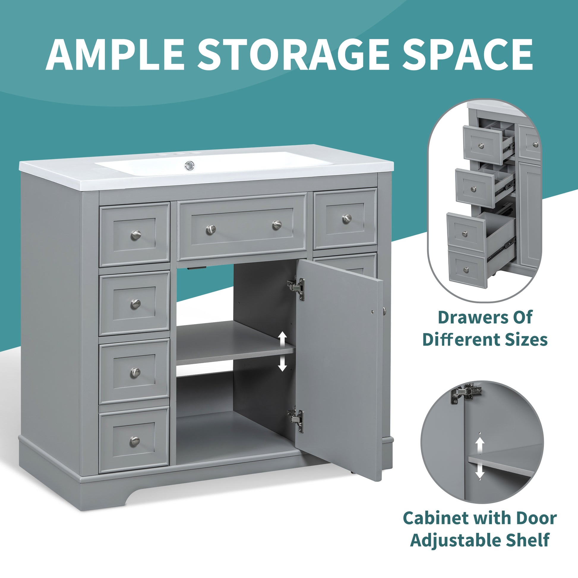 36" Bathroom Vanity With Sink Combo, One Cabinet And Six Drawers, Solid Wood And Mdf Board, Grey Grey Solid Wood Mdf