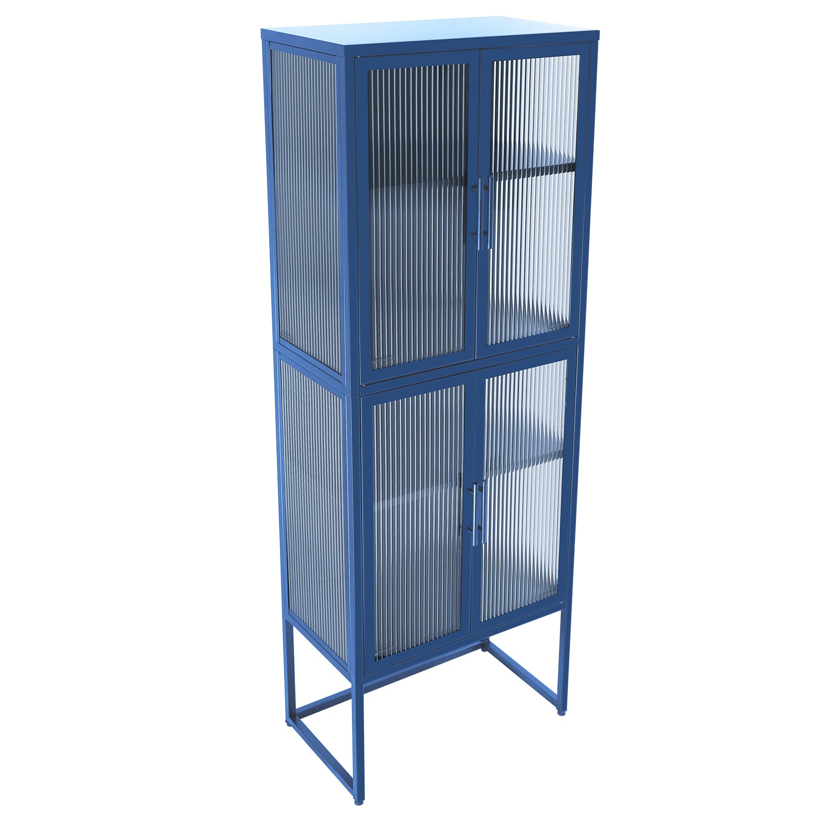 Stylish 4 Door Tempered Glass Cabinet With 4 Glass Doors Adjustable Shelves U Shaped Leg Anti Tip Dust Free Fluted Glass Kitchen Credenza Blue Blue Tempered Glass Sheet Metal Plastic