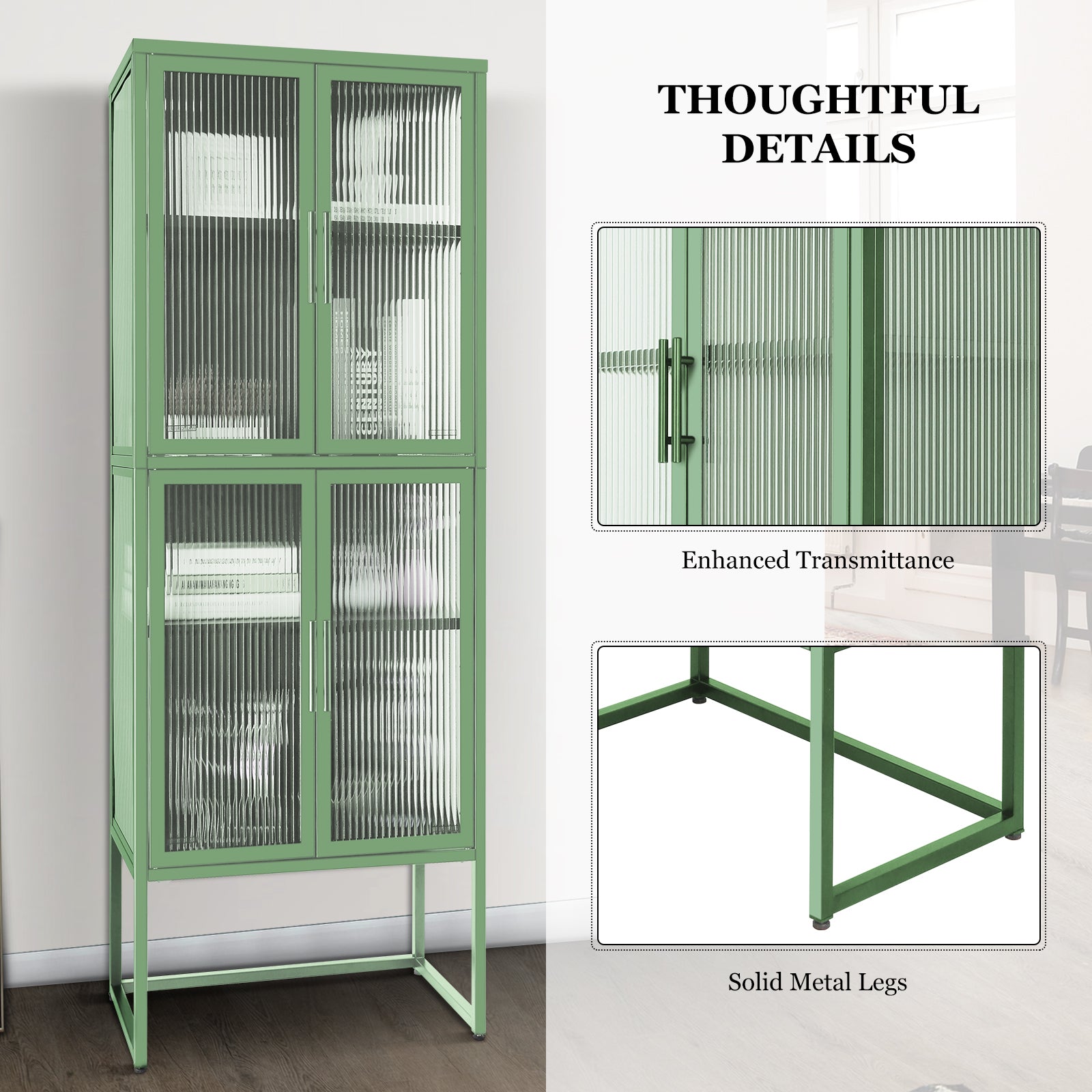 Stylish 4 Door Tempered Glass Cabinet With 4 Glass Doors Adjustable Shelves U Shaped Leg Anti Tip Dust Free Fluted Glass Kitchen Credenza Light Green Mint Green Tempered Glass Sheet Metal Plastic