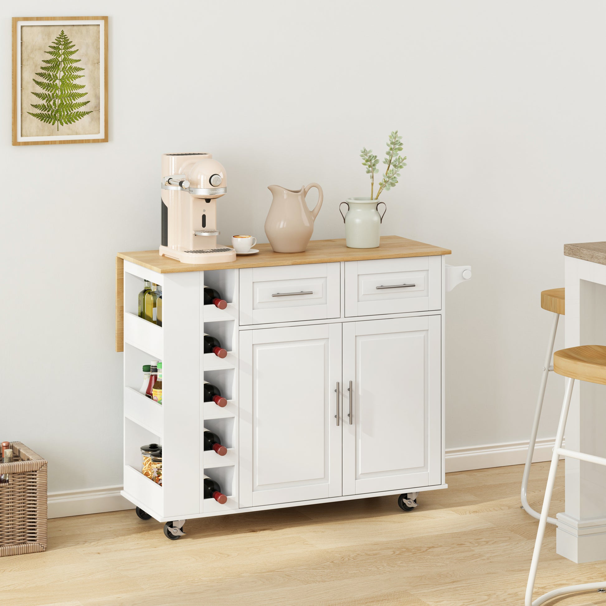 Multi Functional Kitchen Island Cart With 2 Door Cabinet And Two Drawers,Spice Rack, Towel Holder, Wine Rack, And Foldable Rubberwood Table Top White White Mdf