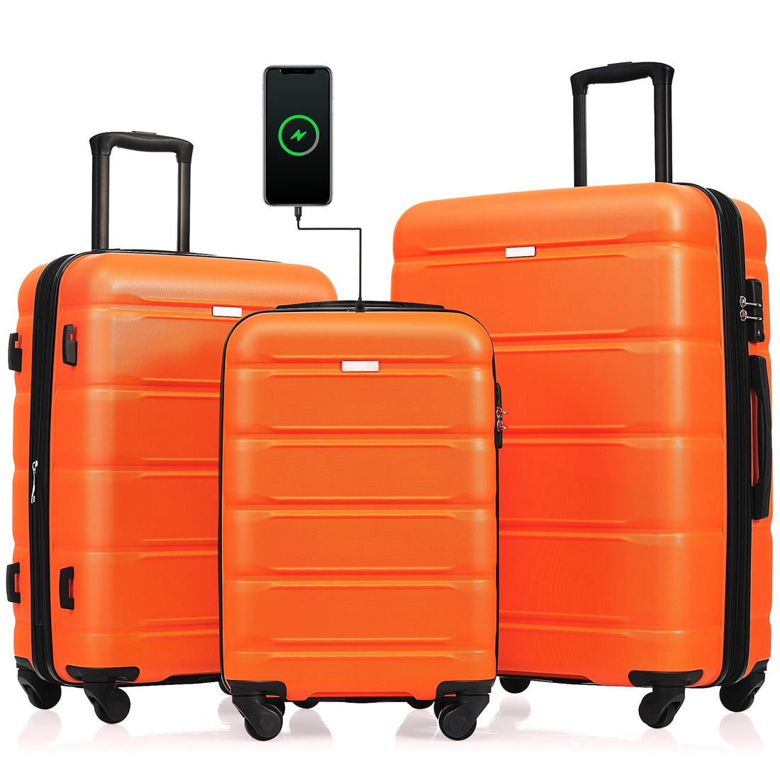 Luggage Set Of 3, 20 Inch With Usb Port, Airline Certified Carry On Luggage With Cup Holder, Abs Hard Shell Luggage With Spinner Wheels, Orange Orange Abs