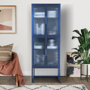 Stylish 4 Door Tempered Glass Cabinet With 4 Glass Doors Adjustable Shelves U Shaped Leg Anti Tip Dust Free Fluted Glass Kitchen Credenza Blue Blue Tempered Glass Sheet Metal Plastic