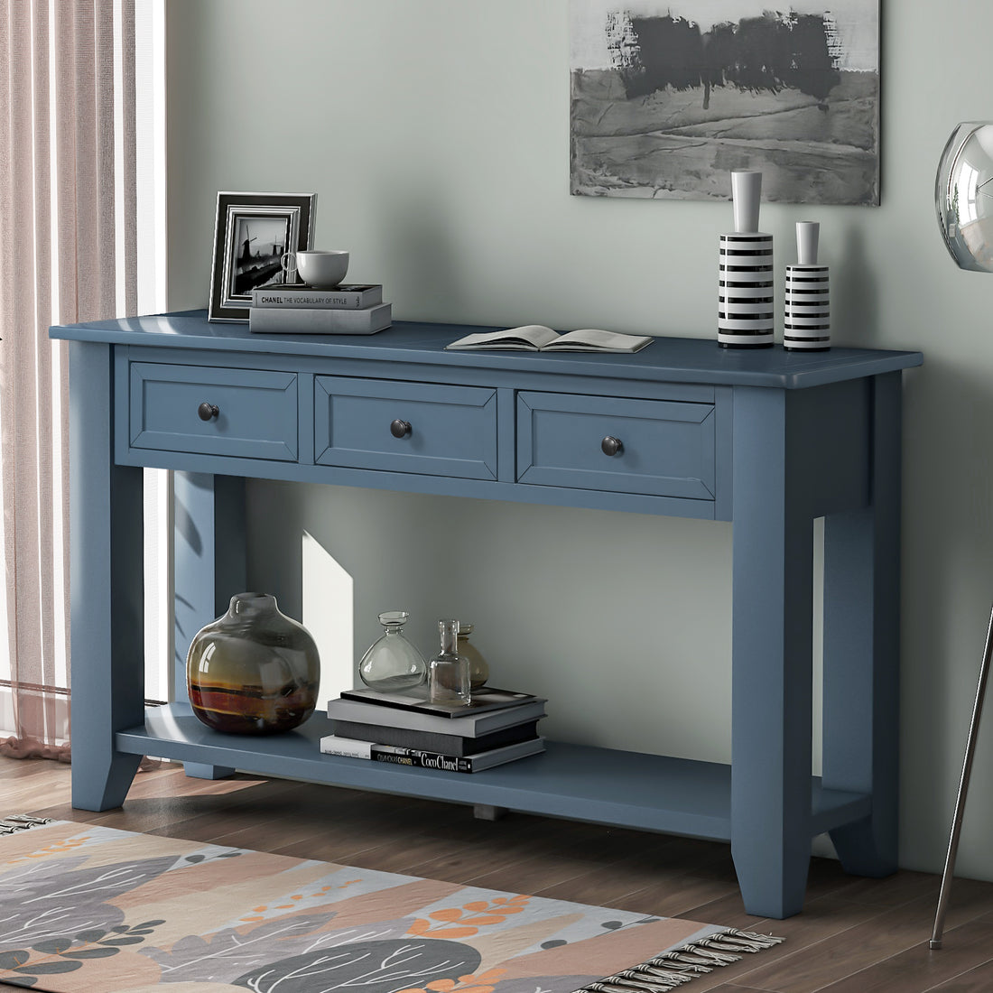 55'' Modern Console Table Sofa Table For Living Room With 3 Drawers And 1 Shelf As Same As Wf299185Aac Blue Solid Wood