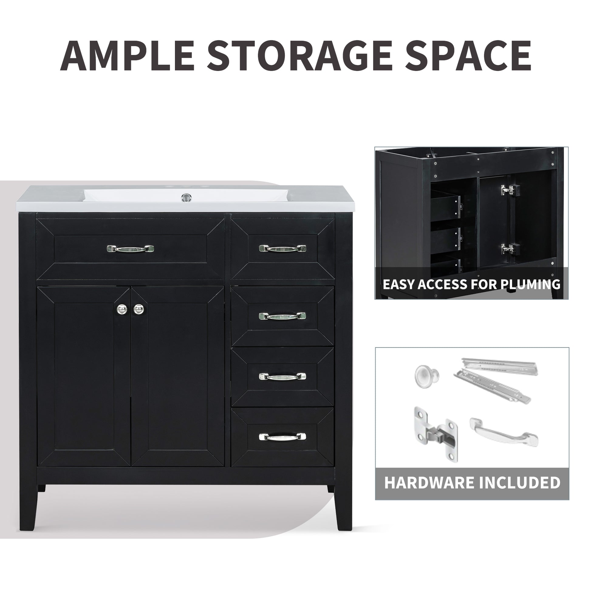 36" Bathroom Vanity With Sink Combo, Black Bathroom Cabinet With Drawers, Solid Frame And Mdf Board Old Sku:Jl000007Aab Black Solid Wood Mdf