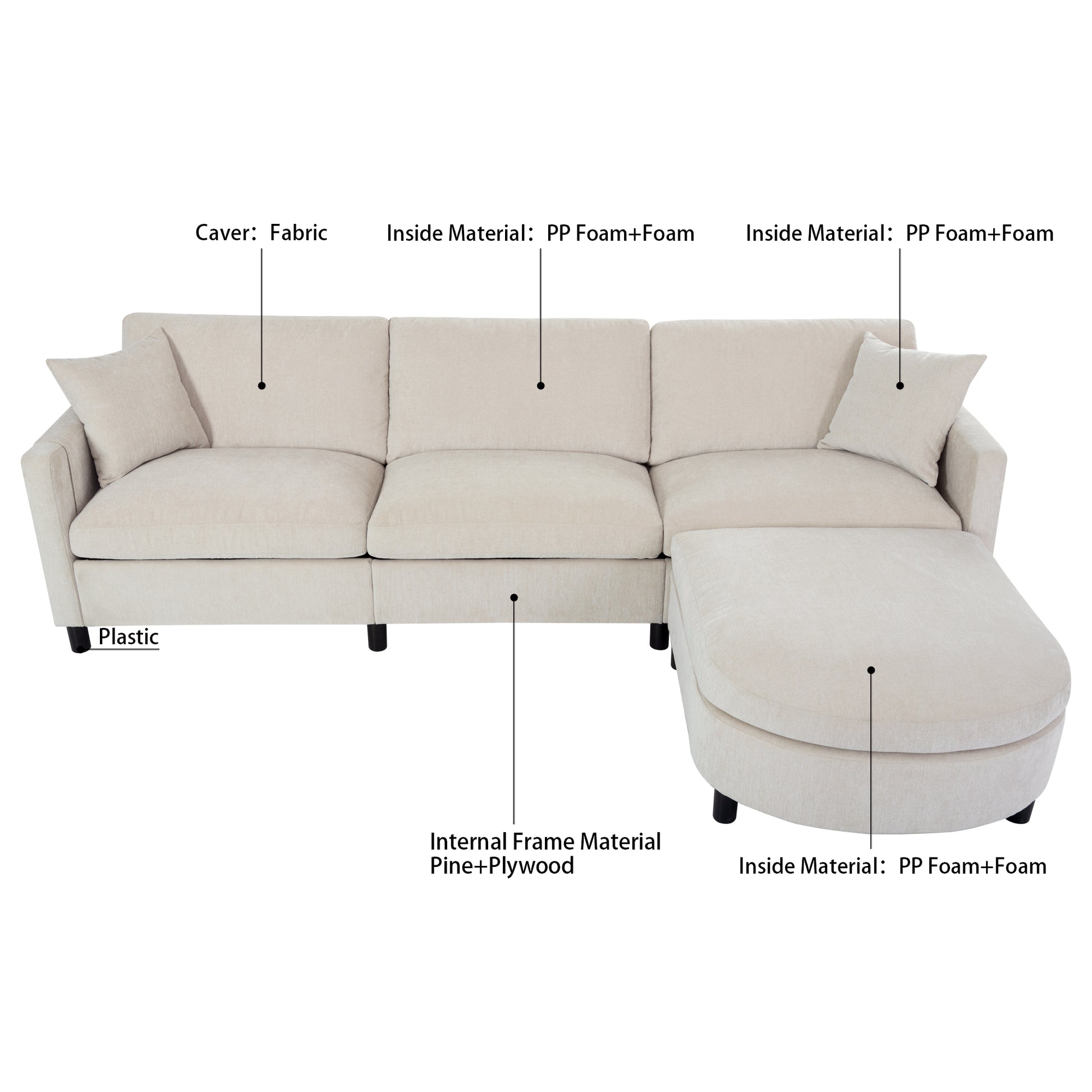 107.87'Sectional Sofa Couch With 1 Ottoman,Seat Cushion And Back Cushion Removable Beige Polyester