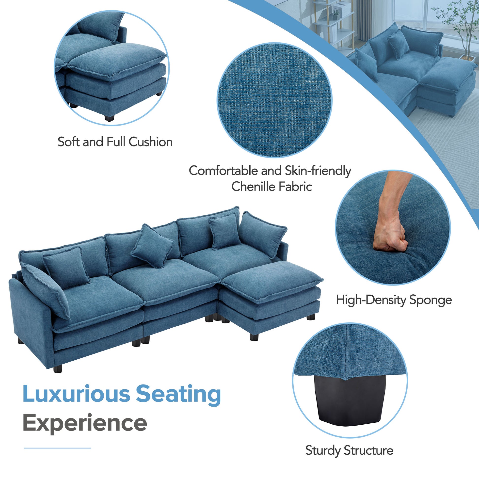 112.2" L Shape Chenille Upholstered Sofa For Living Room Modern Luxury Sofa Couch With Ottoman, 5 Pillows, Blue Blue Foam 4 Seat