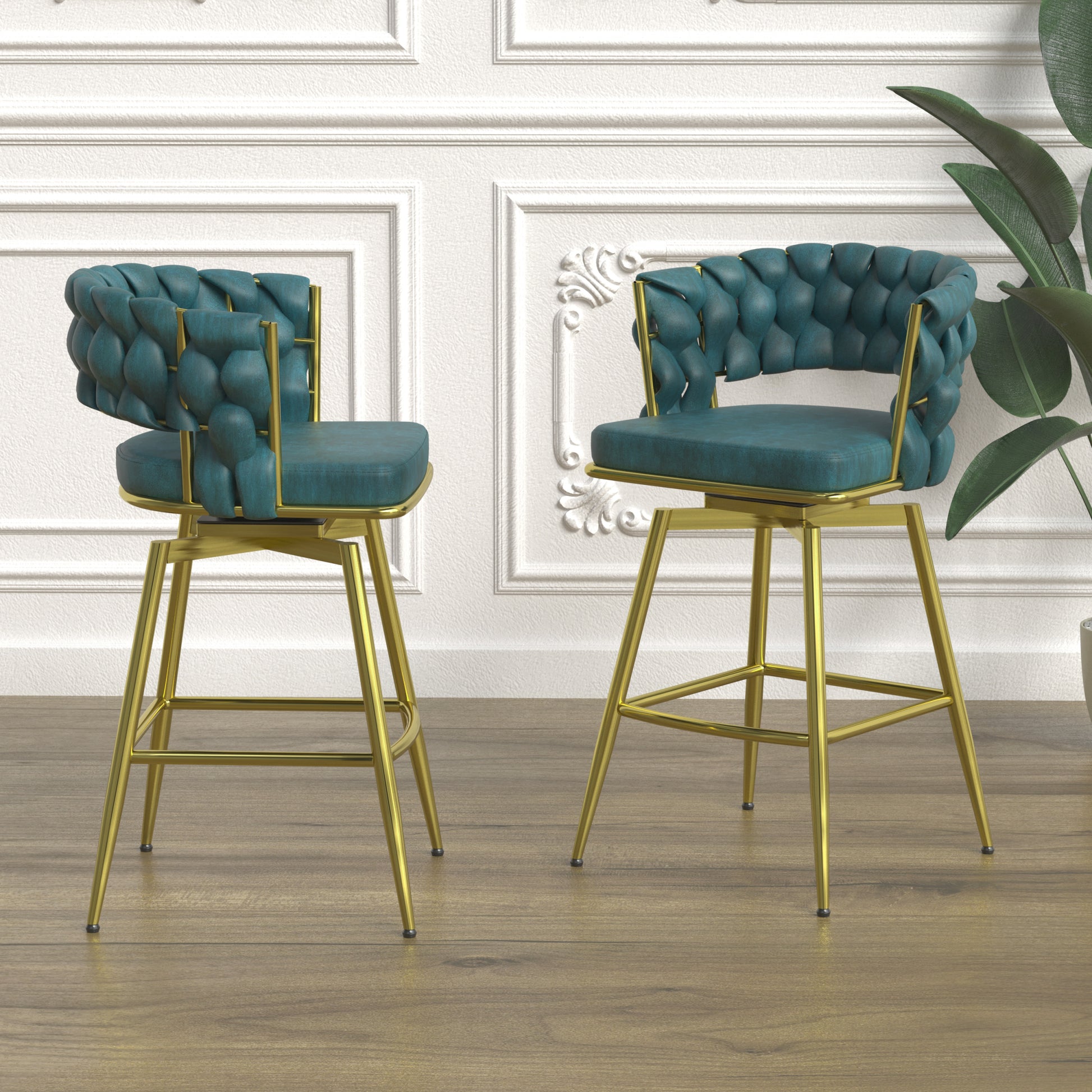 Bar Chair Suede Woven Bar Stool Set Of 2,Golden Legs Barstools No Adjustable Kitchen Island Chairs,360 Swivel Bar Stools Upholstered Bar Chair Counter Stool Arm Chairs With Back Footrest, Blue Metal Blue Kitchen Dining Chairs Foam Technical Leather