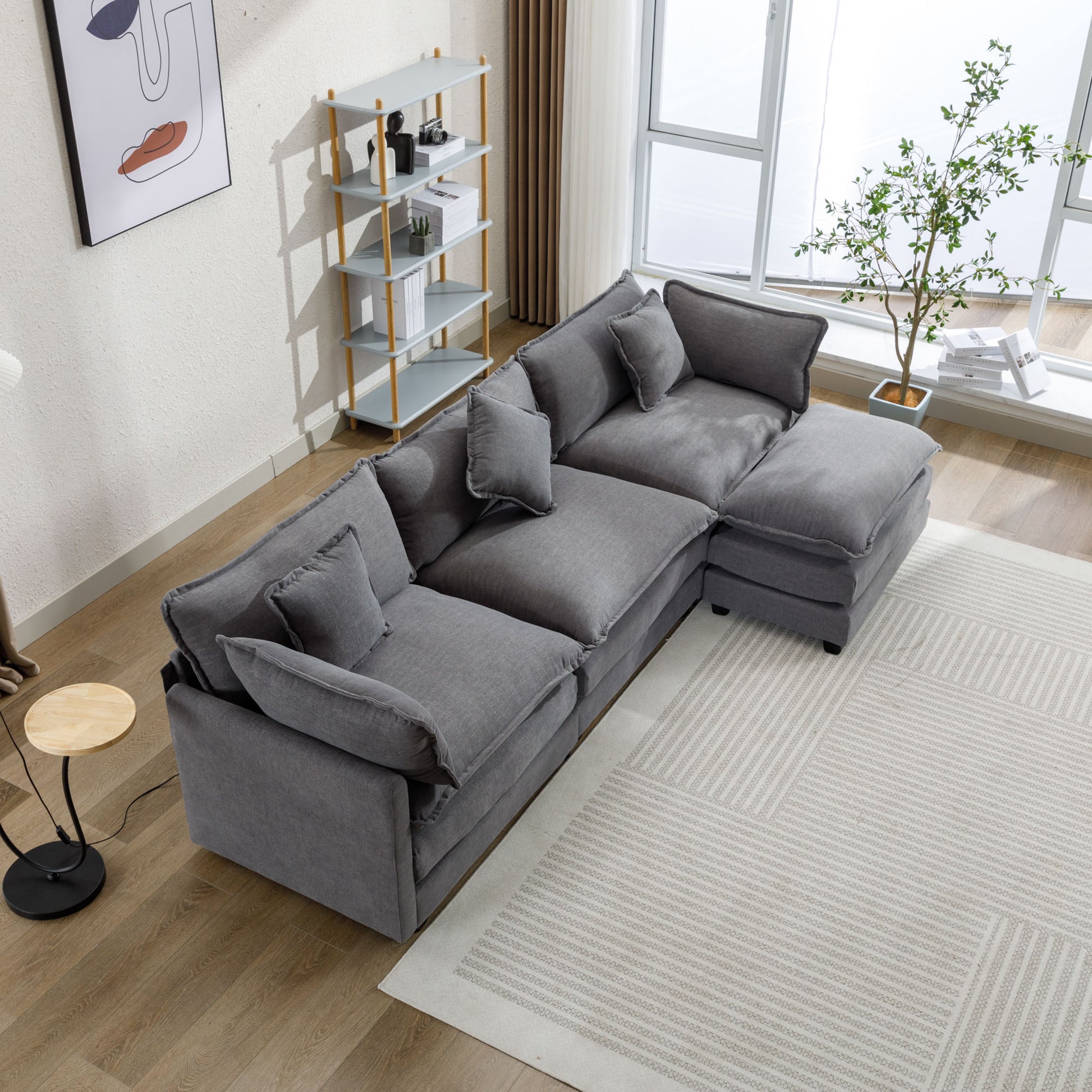 112.2" L Shape Chenille Upholstered Sofa For Living Room Modern Luxury Sofa Couch With Ottoman, 5 Pillows, Gray Gray Foam 4 Seat