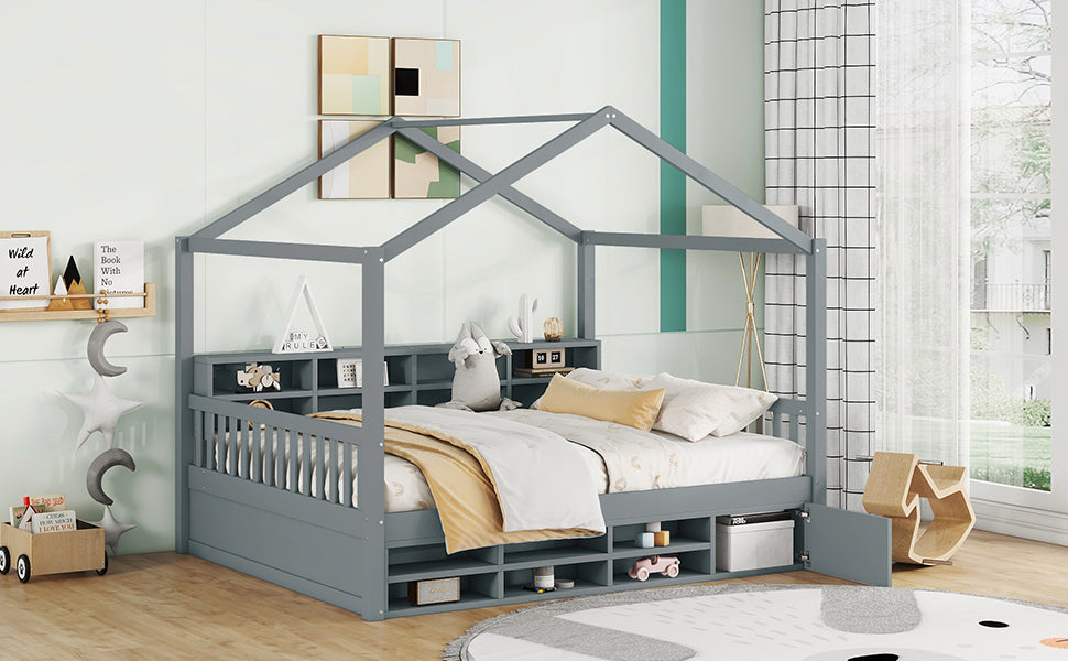 Full Size Wooden House Bed With Shelves And A Mini Cabinet, Gray Box Spring Not Required Gray Wood Bedroom Pine Bed Frame Wood