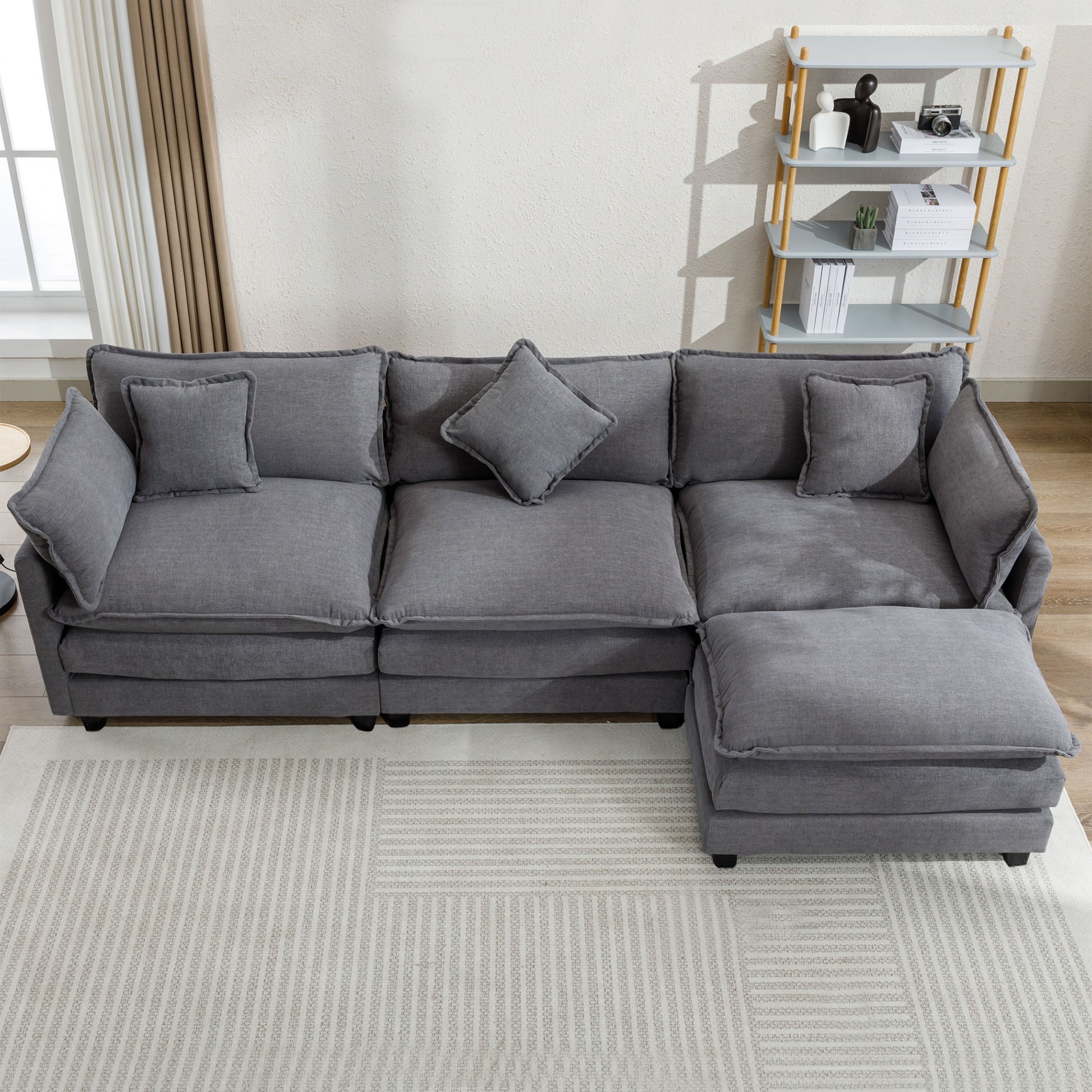 112.2" L Shape Chenille Upholstered Sofa For Living Room Modern Luxury Sofa Couch With Ottoman, 5 Pillows, Gray Gray Foam 4 Seat