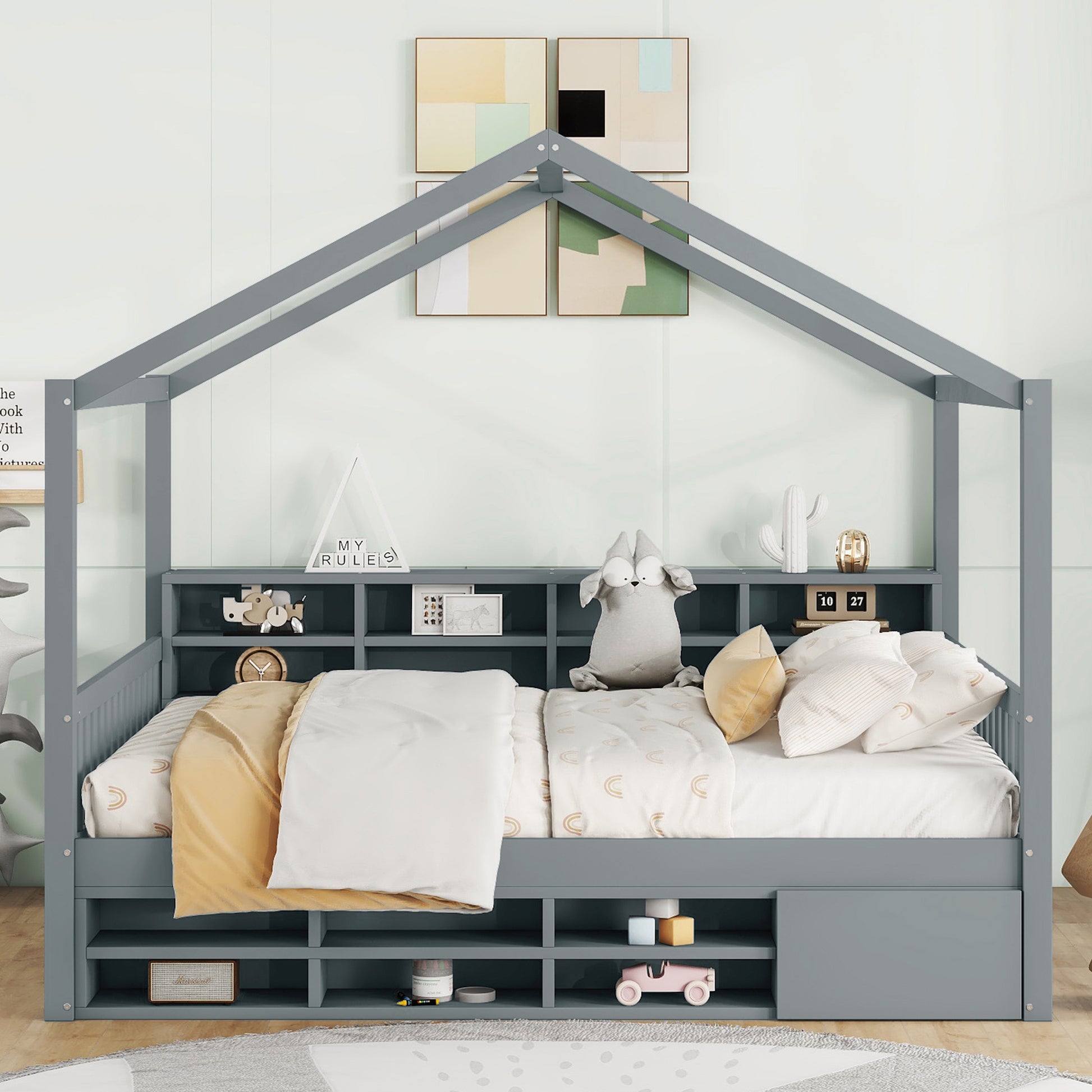 Full Size Wooden House Bed With Shelves And A Mini Cabinet, Gray Box Spring Not Required Gray Wood Bedroom Pine Bed Frame Wood