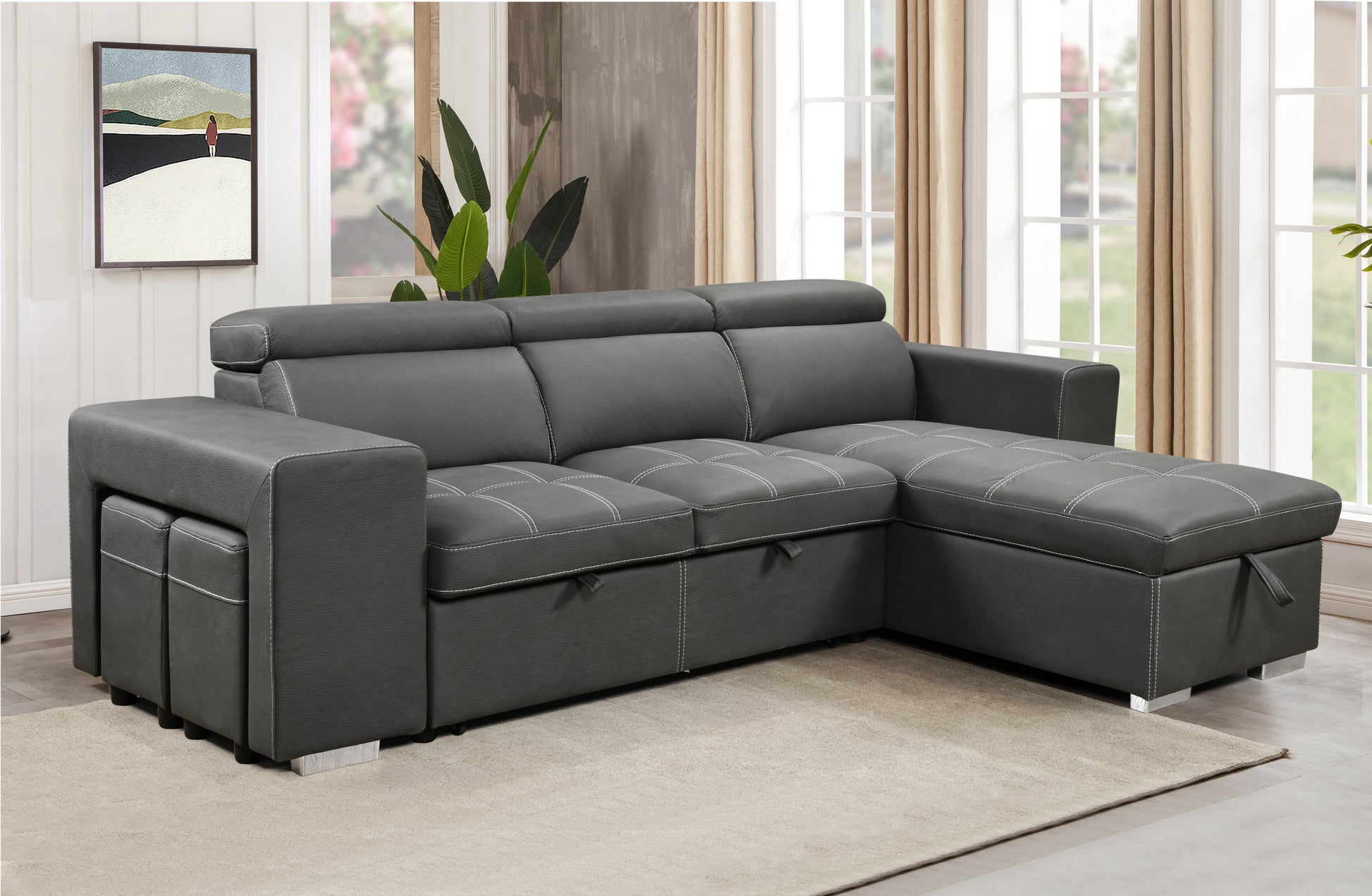 105 Inch Reversible Sectional Sofa With Storage Chaise And 2 Stools, With Adjustable Headrest, Sleeper Contemporary Corner Sectional With Pull Out Sleeper And Chaisecharcoal Grey Gray Microfiber Wood Primary Living Space Soft Pillow Back Modern