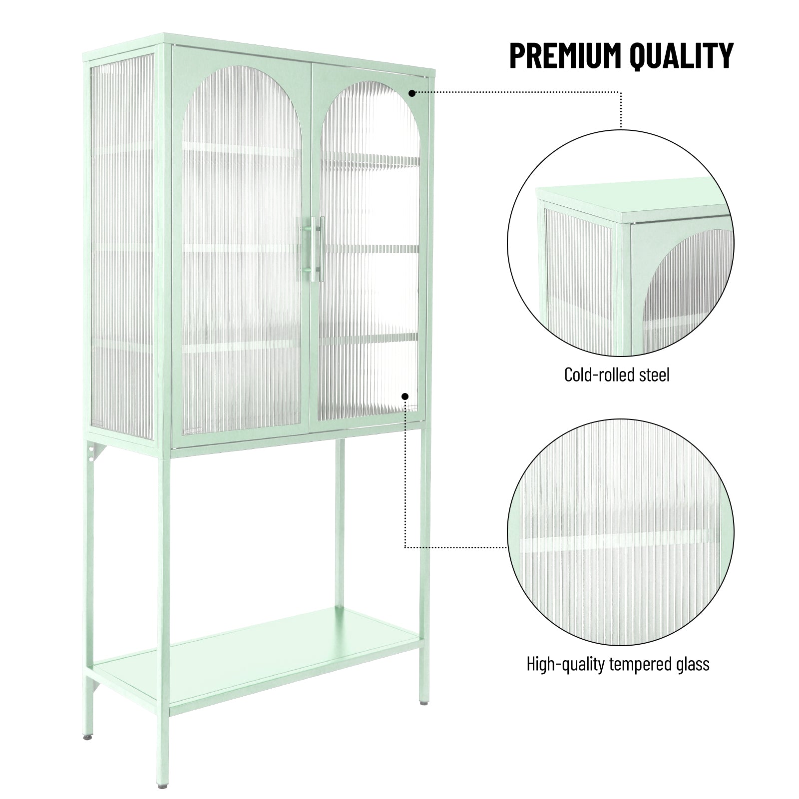 Elegant Floor Cabinet With 2 Glass Arched Doors Living Room Display Cabinet With Adjustable Shelves Anti Tip Dust Free Easy Assembly Light Green Mint Green Tempered Glass Sheet Metal Plastic