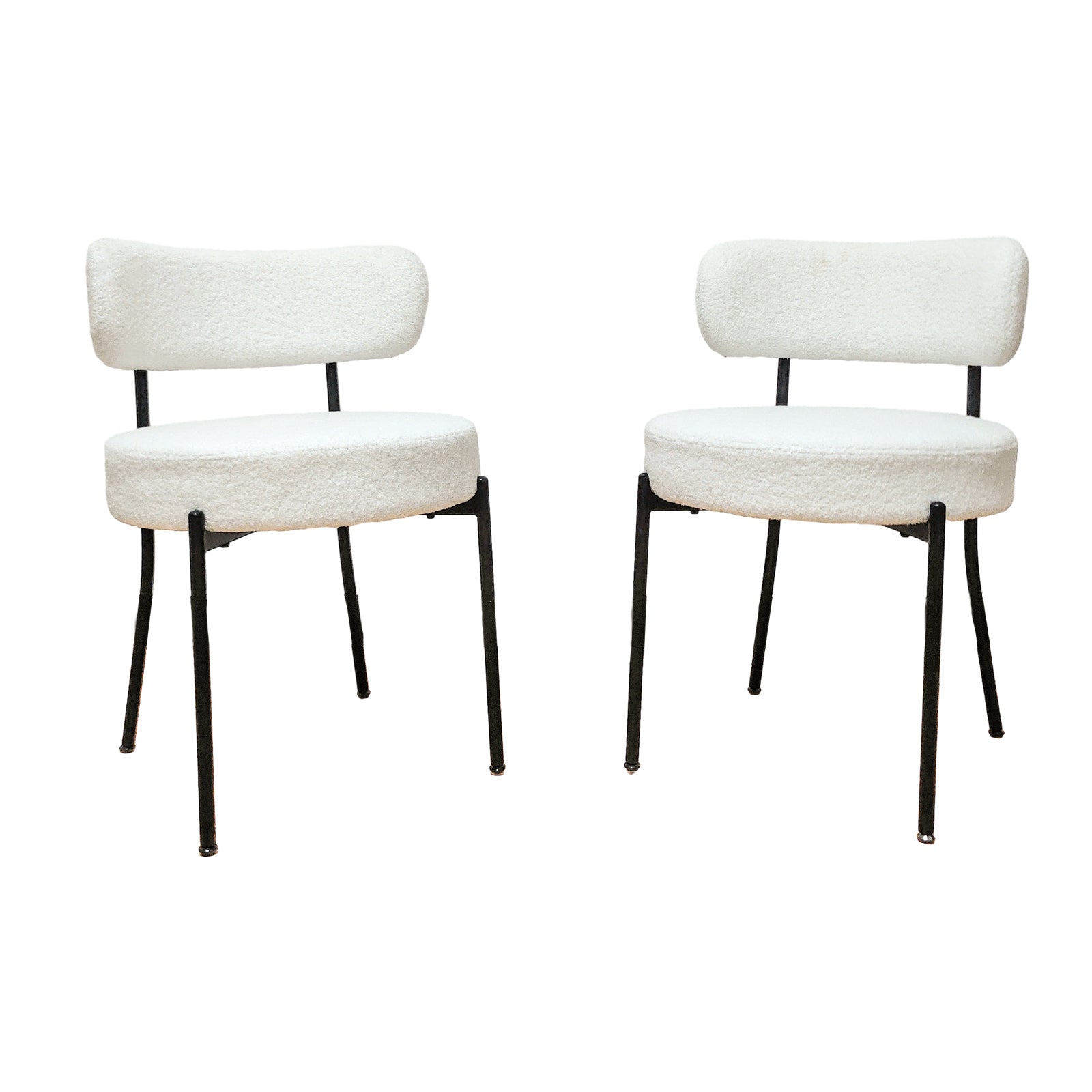 White Dining Chairs Set Of 2, Mid Century Modern Dining Chairs, Kitchen Dining Room Chairs, Curved Backrest Round Upholstered Boucle Dining Chair With Black Metal Legs Metal White Black Kitchen Dining Chairs Foam Velvet