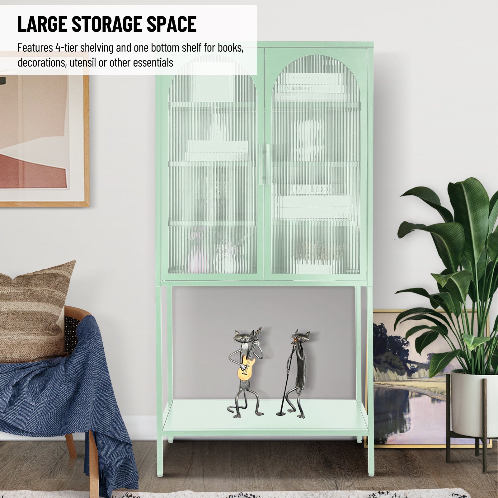 Elegant Floor Cabinet With 2 Glass Arched Doors Living Room Display Cabinet With Adjustable Shelves Anti Tip Dust Free Easy Assembly Light Green Mint Green Tempered Glass Sheet Metal Plastic