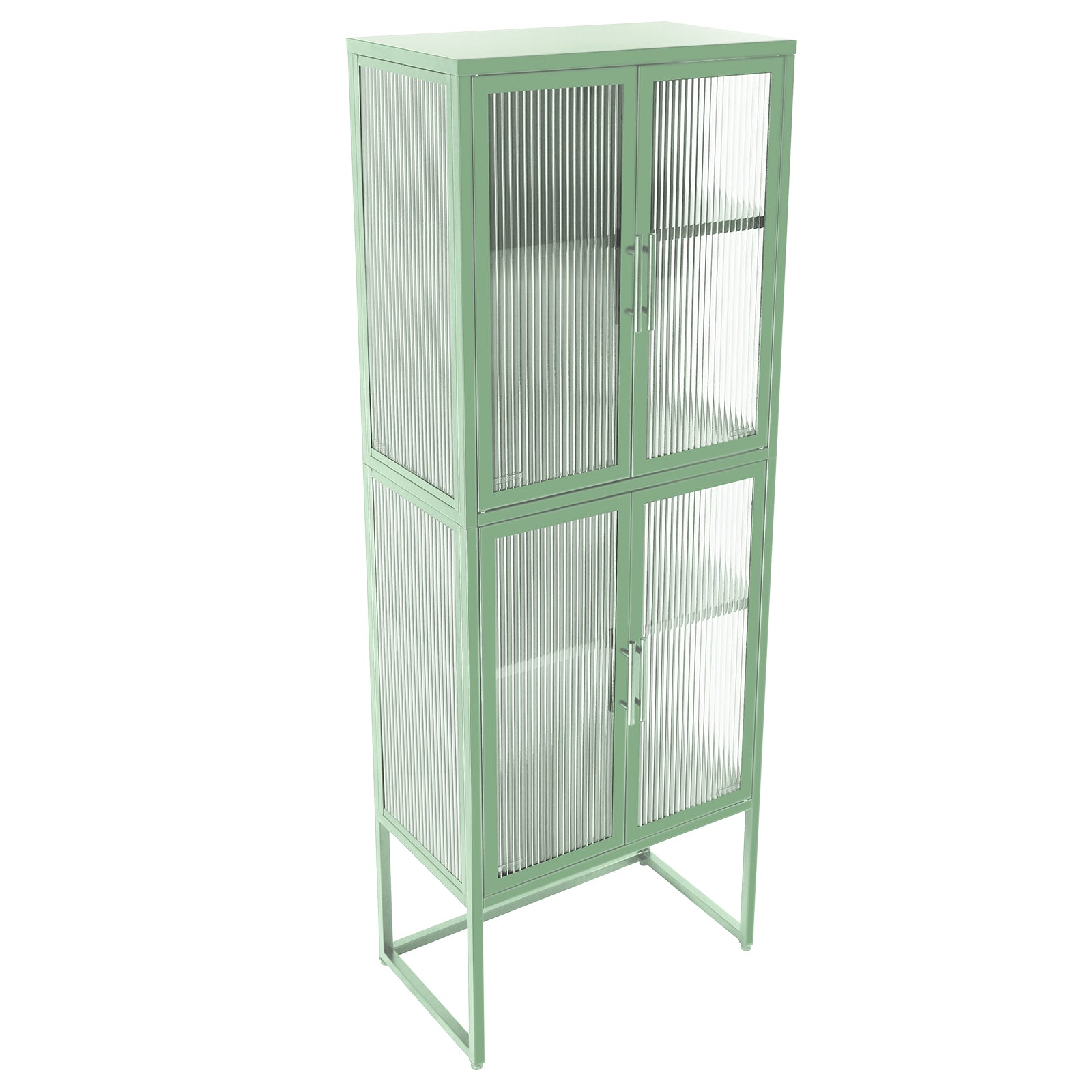 Stylish 4 Door Tempered Glass Cabinet With 4 Glass Doors Adjustable Shelves U Shaped Leg Anti Tip Dust Free Fluted Glass Kitchen Credenza Light Green Mint Green Tempered Glass Sheet Metal Plastic