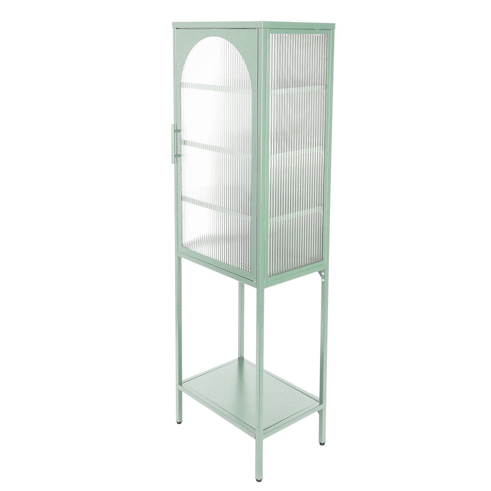 Stylish Tempered Glass High Cabinet With Arched Door Adjustable Shelves And Feet Anti Tip Dust Free Fluted Glass Kitchen Credenza Light Green Mint Green Tempered Glass Sheet Metal Plastic