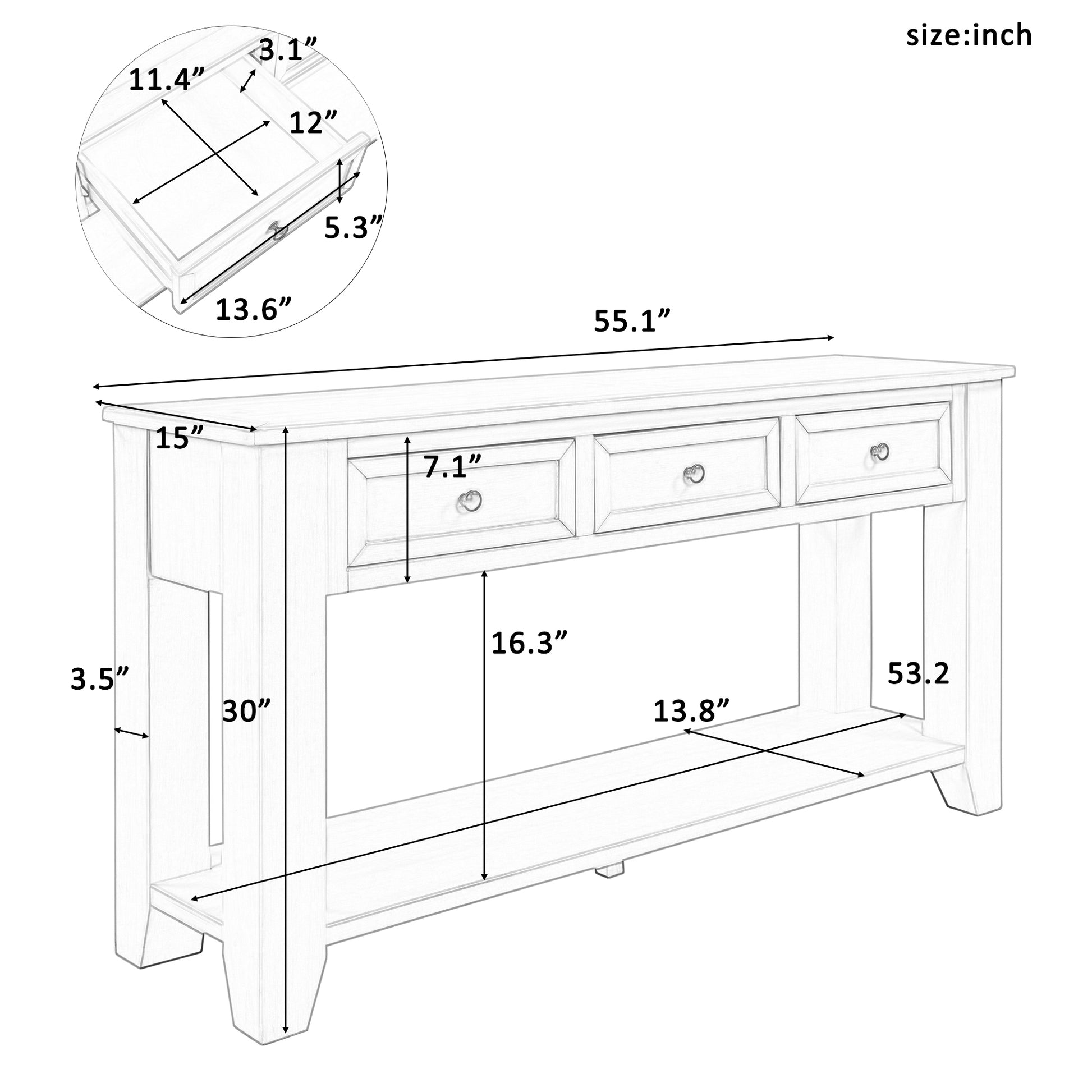 55'' Modern Console Table Sofa Table For Living Room With 3 Drawers And 1 Shelf As Same As Wf299185Aab Black Solid Wood