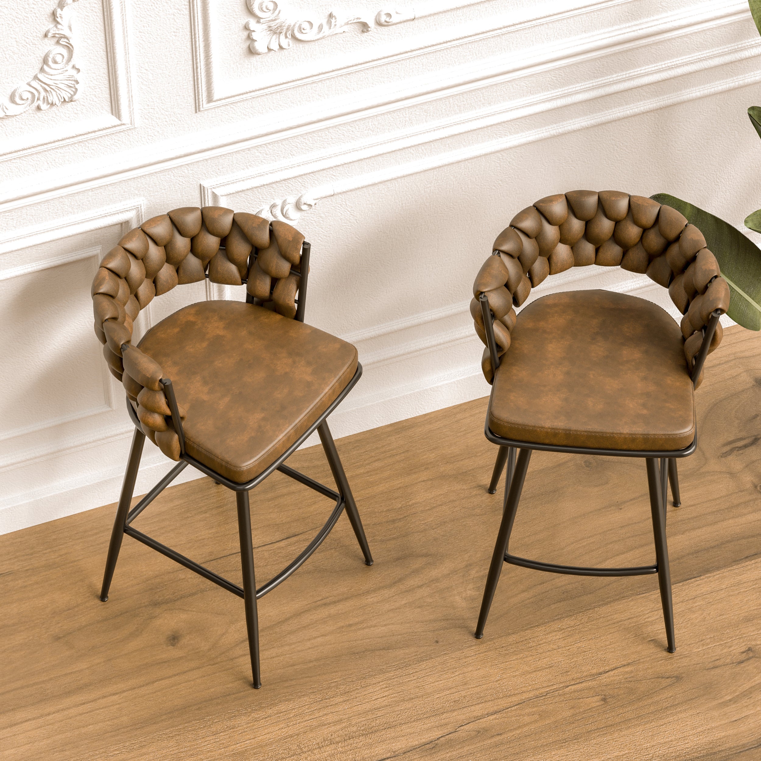 Technical Leather Woven Bar Stool Set Of 4,Black Legs Barstools No Adj