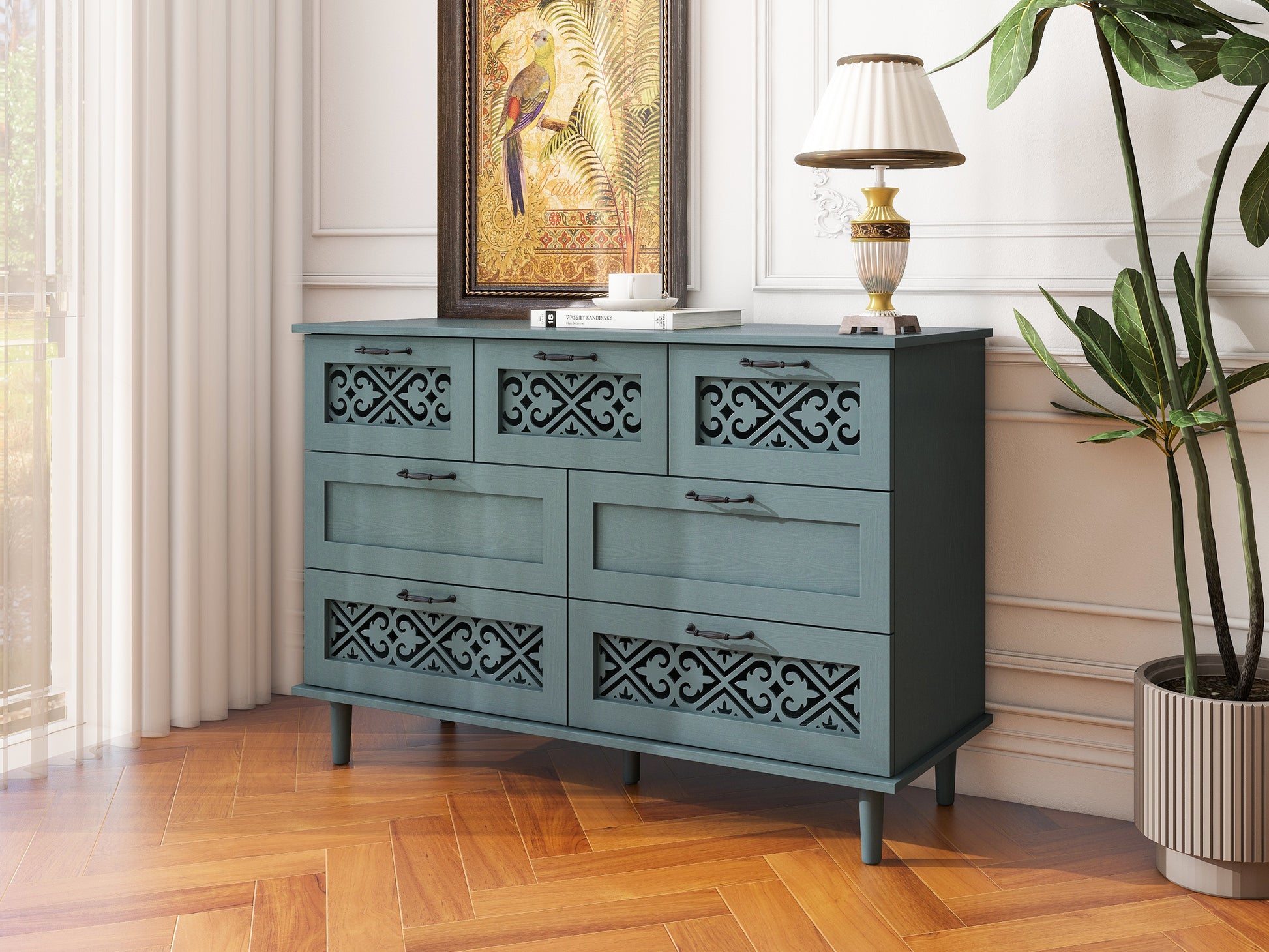 7 Drawer Cabinet, American Furniture, Suitable For Bedroom, Living Room, Study Dark Green Particle Board