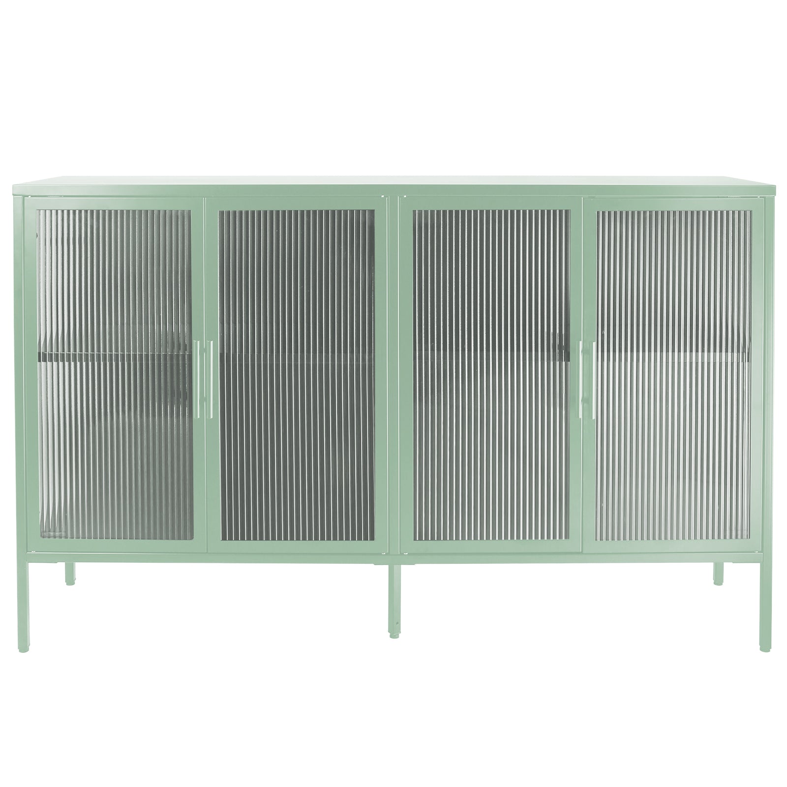 Stylish 4 Door Tempered Glass Cabinet With 4 Glass Doors Adjustable Shelf And Feet Anti Tip Dust Free Fluted Glass Kitchen Credenza Light Green Mint Green Tempered Glass Sheet Metal Plastic