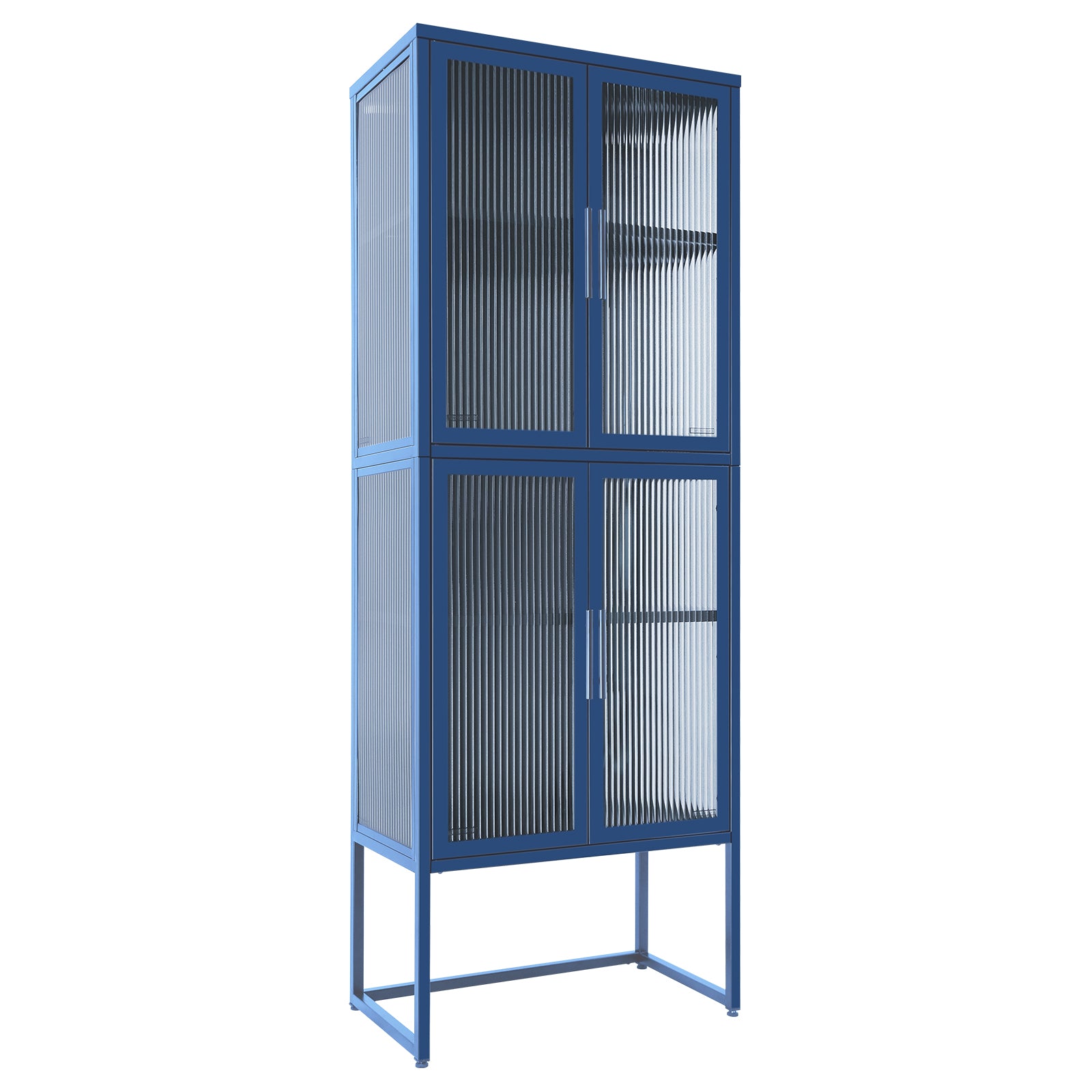 Stylish 4 Door Tempered Glass Cabinet With 4 Glass Doors Adjustable Shelves U Shaped Leg Anti Tip Dust Free Fluted Glass Kitchen Credenza Blue Blue Tempered Glass Sheet Metal Plastic