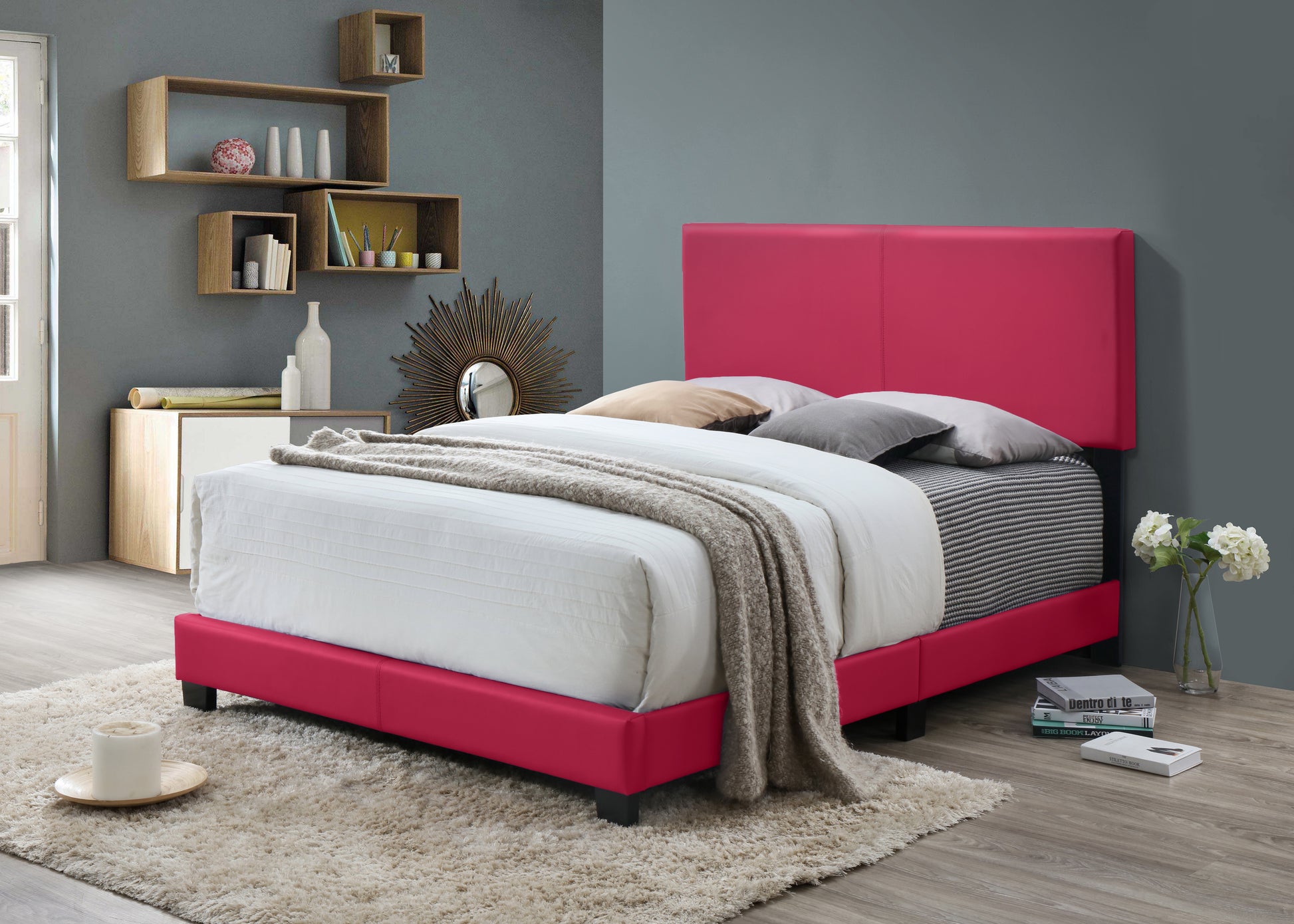 1Pc Modern Beautiful Pink Full Size Bedroom Platform Bed Frame Pu Fabric Pink Solid Wood