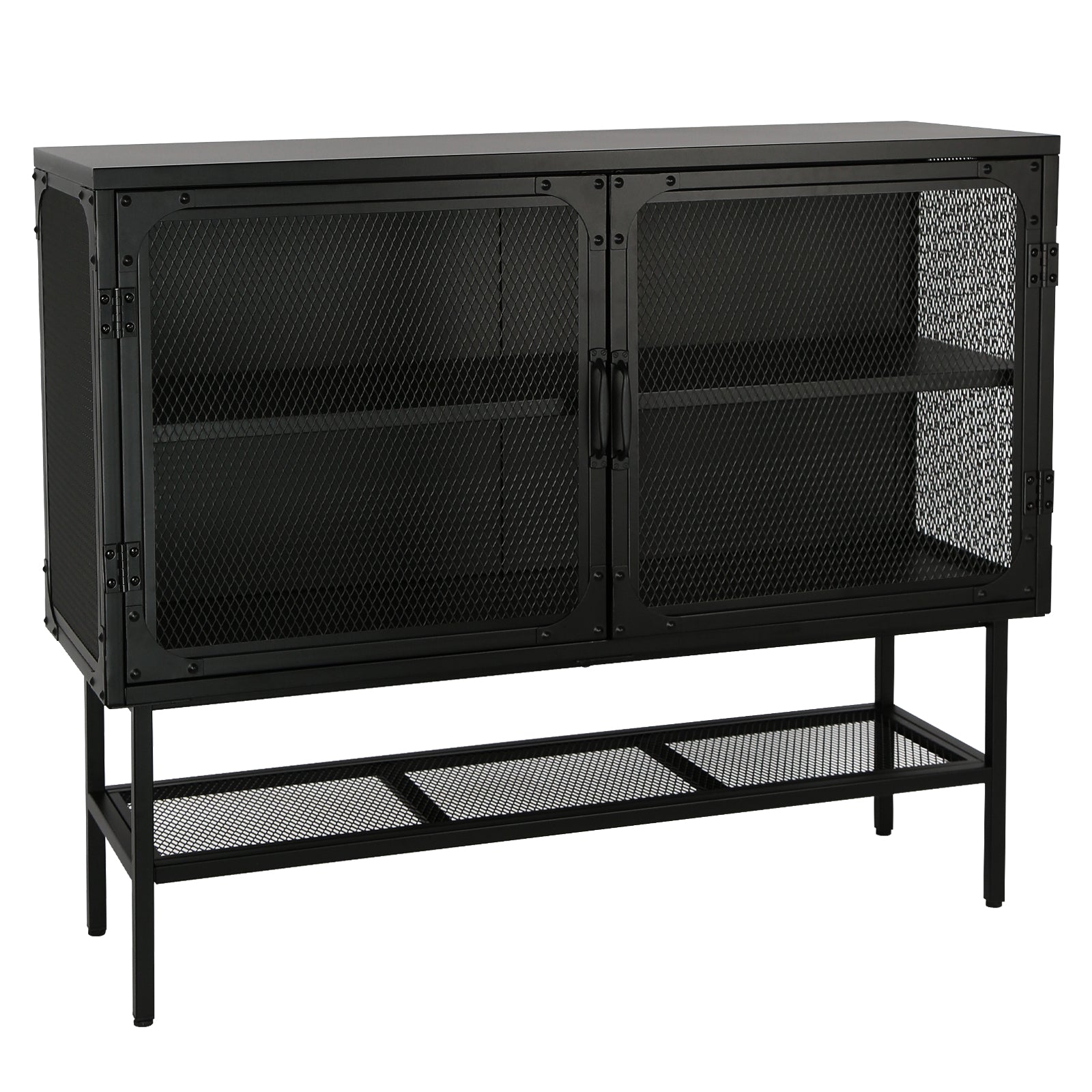 Industrial Double Door Cabinet Console Table With 2 Mesh Doors Adjustable Shelf And Feet Bottom Shelf Anti Tip Dust Free Kitchen Credenza Sideboard Frosted Black Black Steel