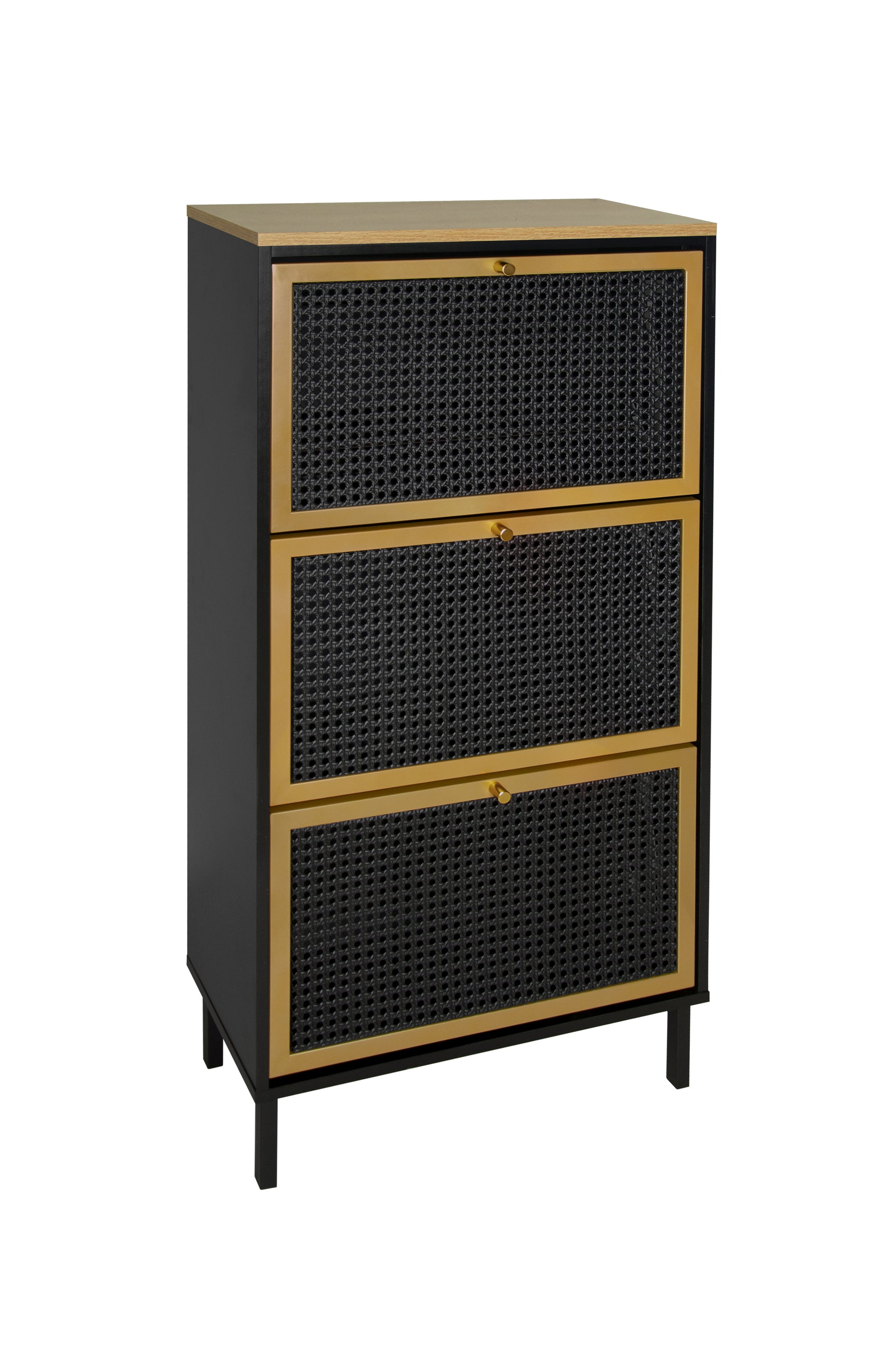 3 Metal Door Shoe Rack, Freestanding Modern Shoe Storage Cabinet, Metal Rattan, For Entryway Black Particle Board