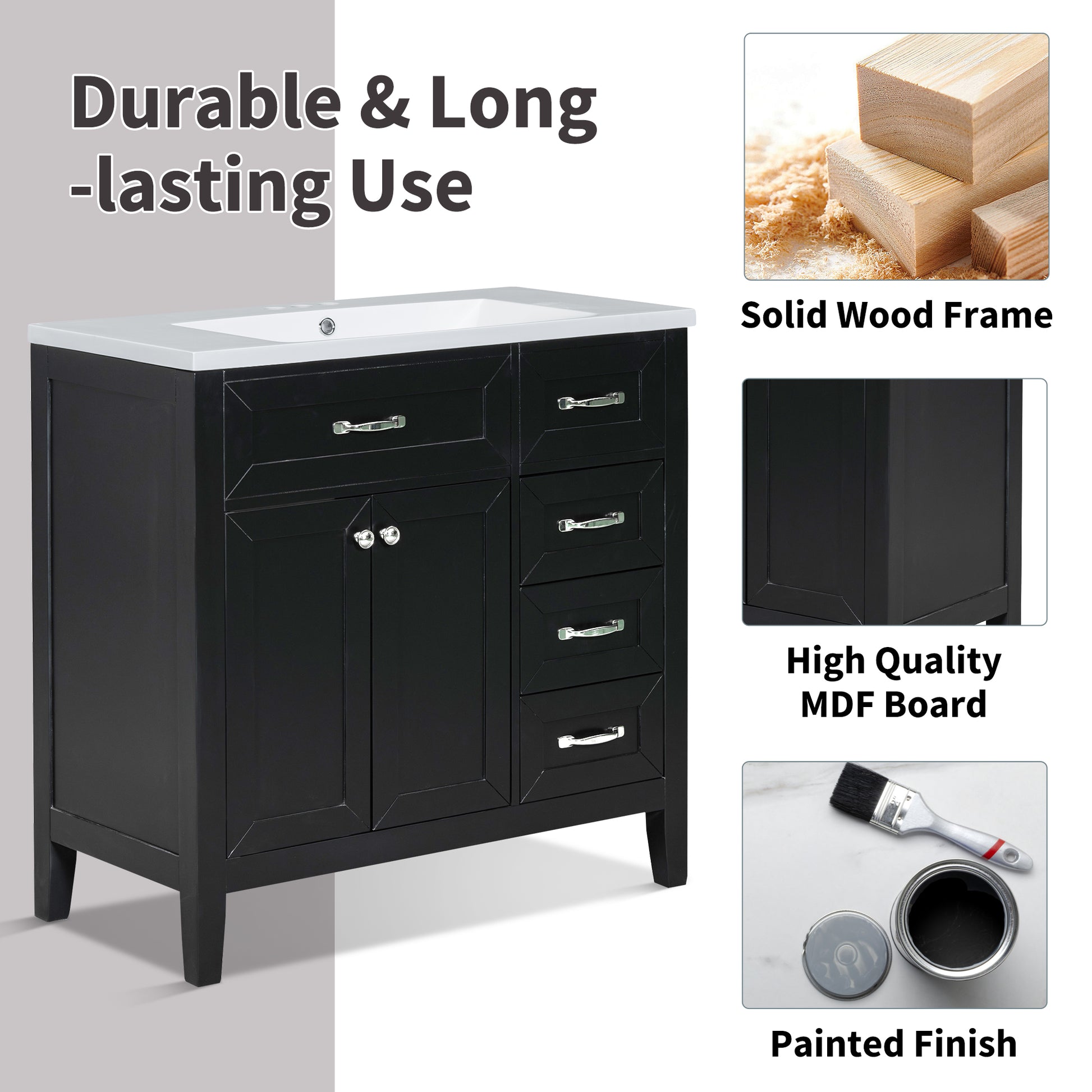 36" Bathroom Vanity With Sink Combo, Black Bathroom Cabinet With Drawers, Solid Frame And Mdf Board Black Solid Wood Mdf