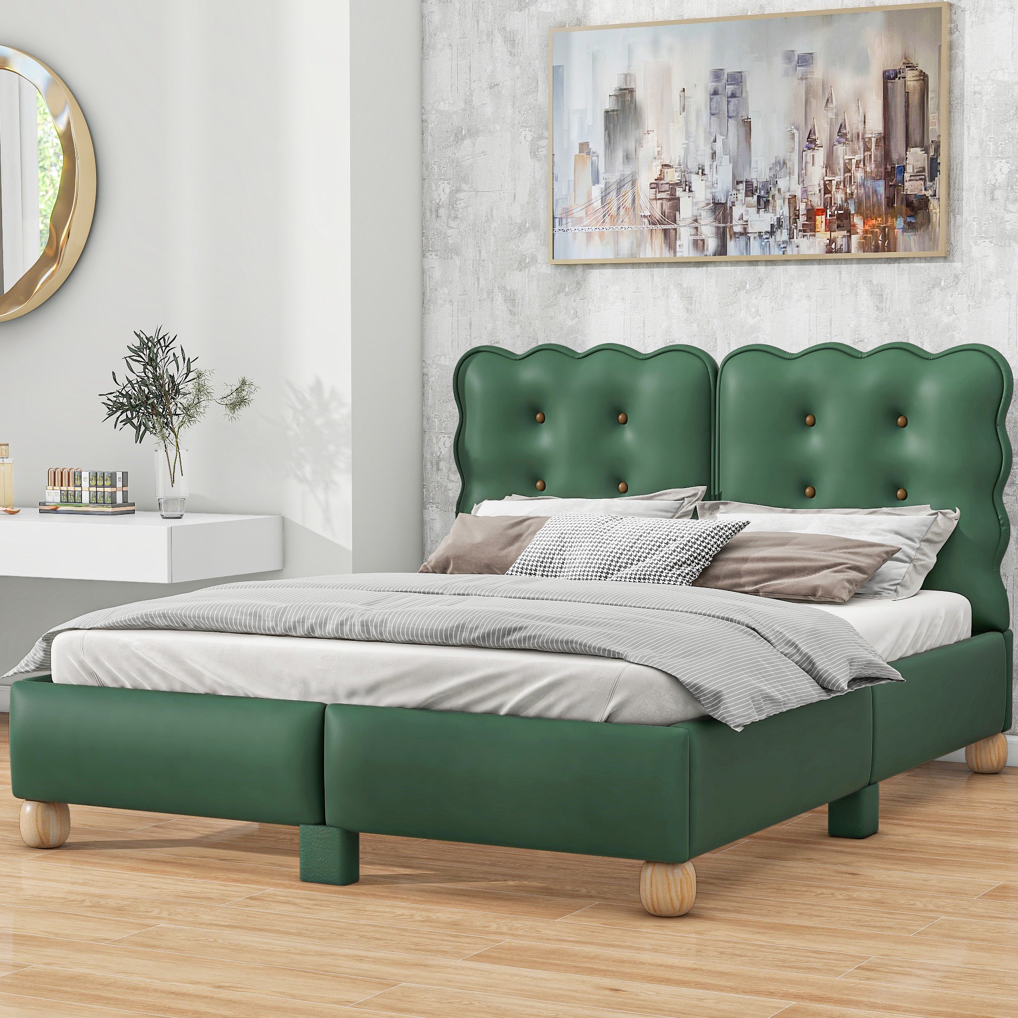 Full Size Upholstered Platform Bed with Support green-upholstered