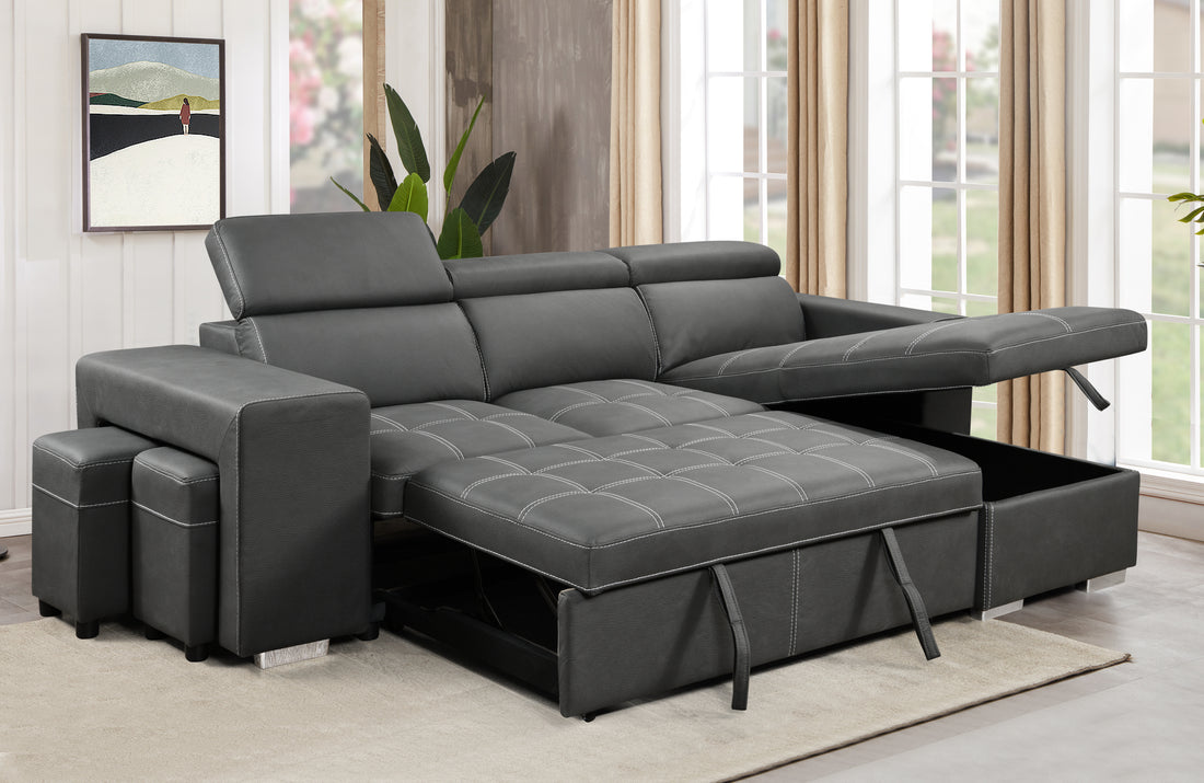 105 Inch Reversible Sectional Sofa With Storage Chaise And 2 Stools, With Adjustable Headrest, Sleeper Contemporary Corner Sectional With Pull Out Sleeper And Chaisecharcoal Grey Gray Microfiber Wood Primary Living Space Soft Pillow Back Modern