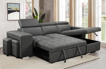 105 Inch Reversible Sectional Sofa With Storage Chaise And 2 Stools, With Adjustable Headrest, Sleeper Contemporary Corner Sectional With Pull Out Sleeper And Chaisecharcoal Grey Gray Microfiber Wood Primary Living Space Soft Pillow Back Modern