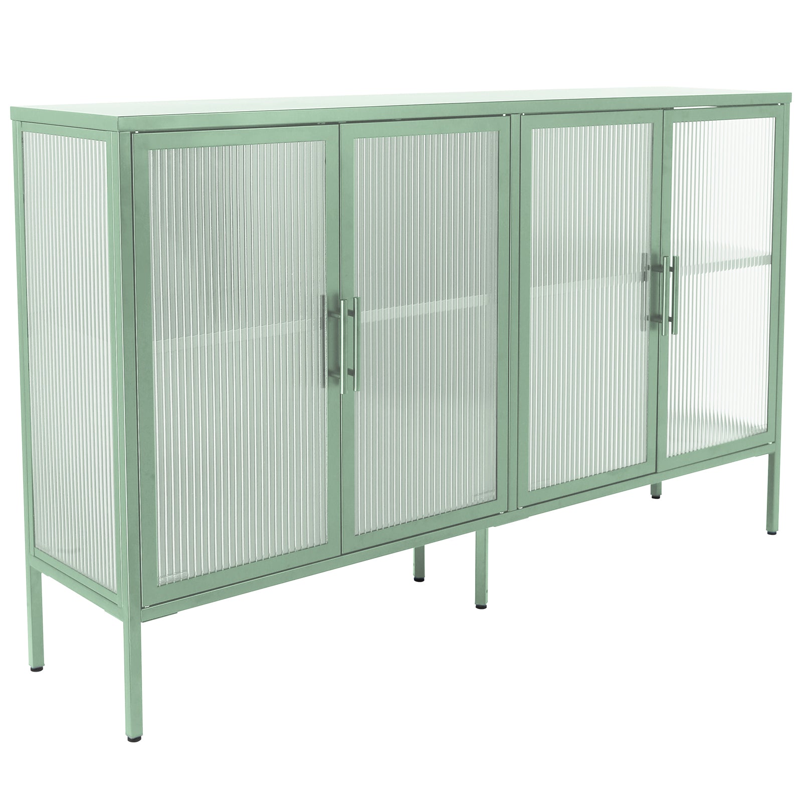 Stylish 4 Door Tempered Glass Cabinet With 4 Glass Doors Adjustable Shelf And Feet Anti Tip Dust Free Fluted Glass Kitchen Credenza Light Green Mint Green Tempered Glass Sheet Metal Plastic