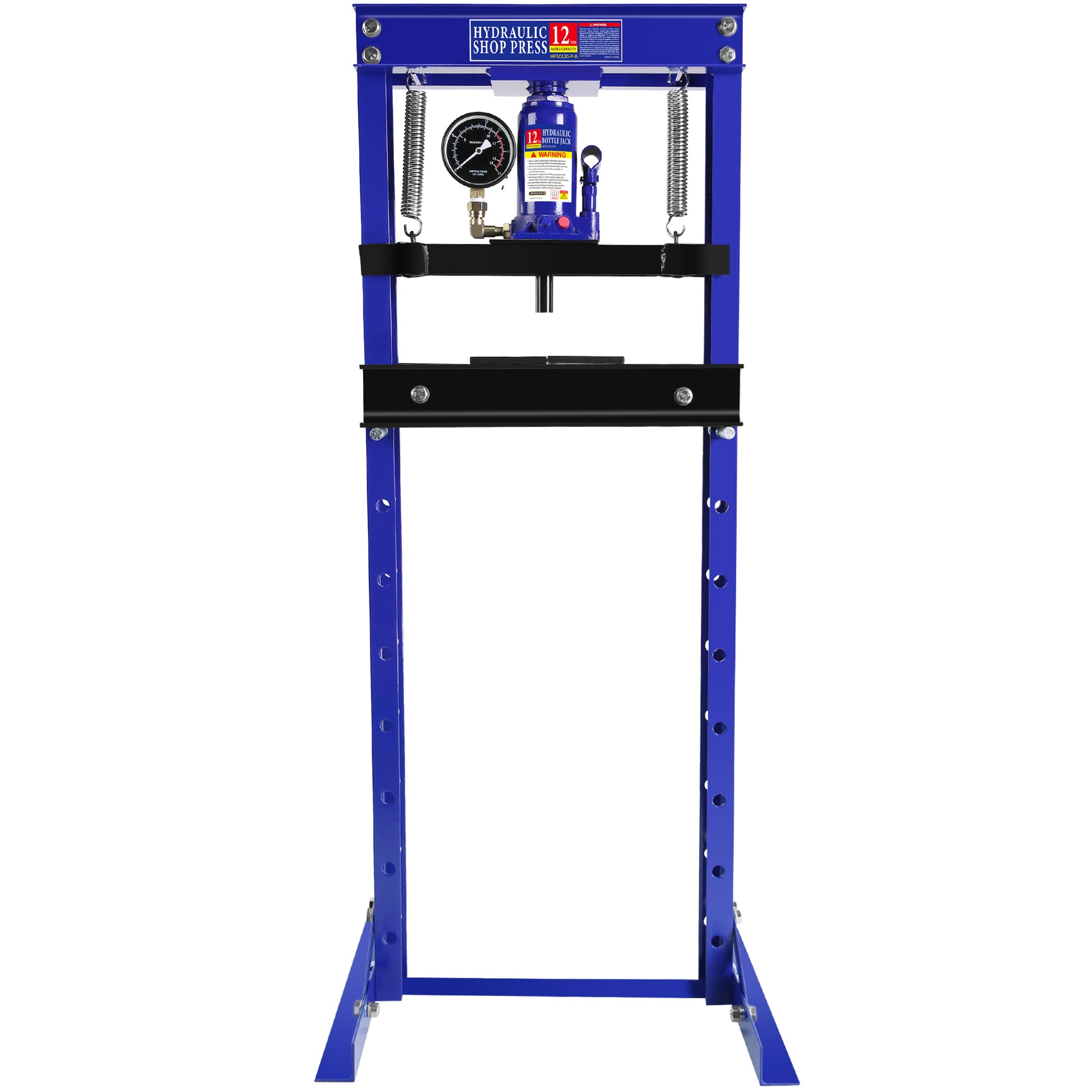 Steel H Frame Hydraulic Shop Press With Stamping Plates To Bend, Straighten, Or Press Parts, With A Pressure Gauge, Install Bearings And U Joints, 12 Ton 24,000 Lb Capacity Blue Steel