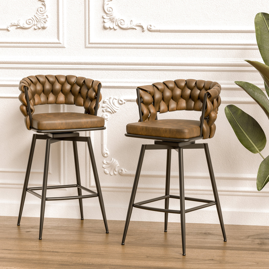 Technical Leather Woven Bar Stool Set Of 4,Black Legs Barstools No Adjustable Kitchen Island Chairs,360 Swivel Bar Stools Upholstered Bar Chair Counter Stool Arm Chairs With Back Footrest, Brown Metal Brown Kitchen Dining Chairs Foam Technical Leather