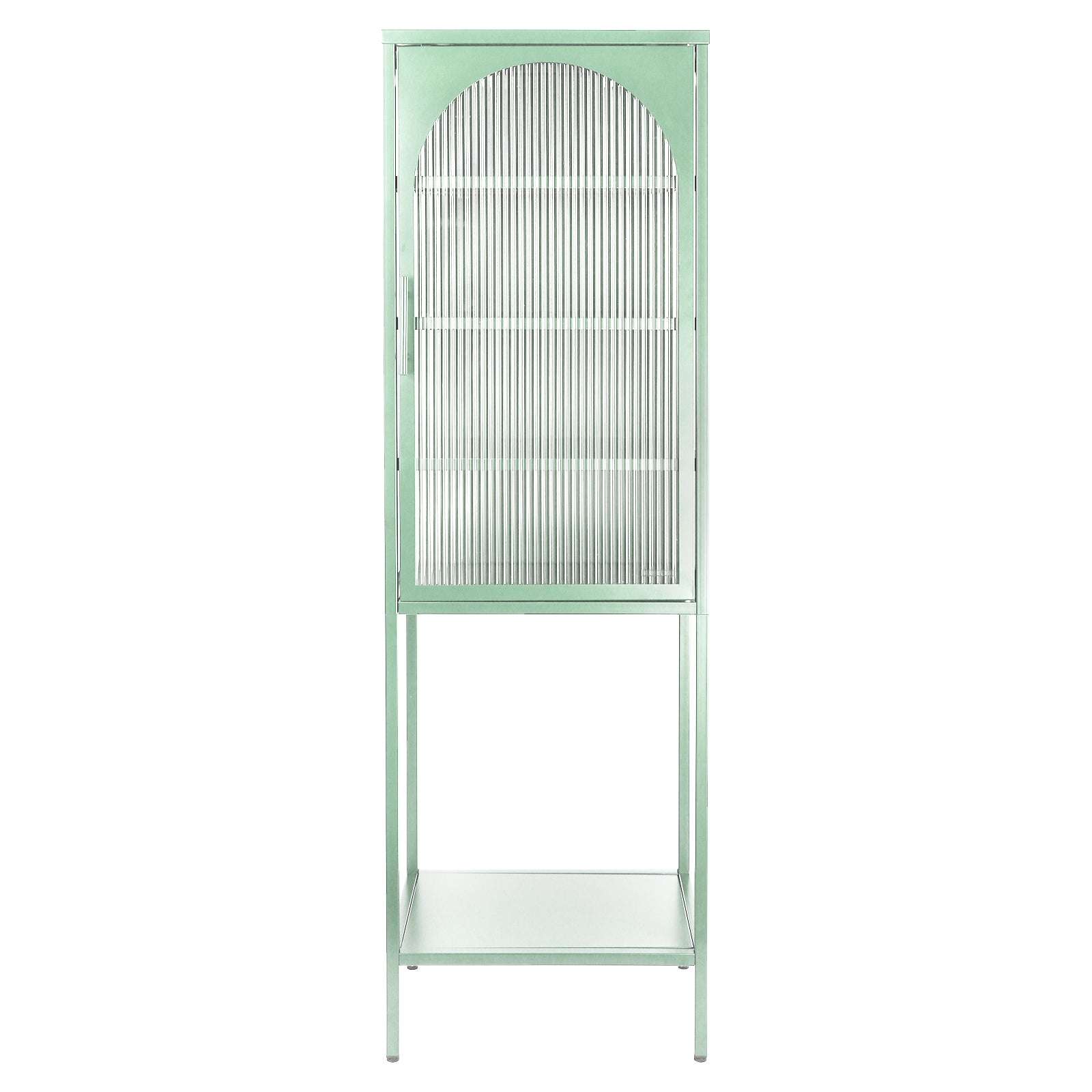 Stylish Tempered Glass High Cabinet With Arched Door Adjustable Shelves And Feet Anti Tip Dust Free Fluted Glass Kitchen Credenza Light Green Mint Green Tempered Glass Sheet Metal Plastic