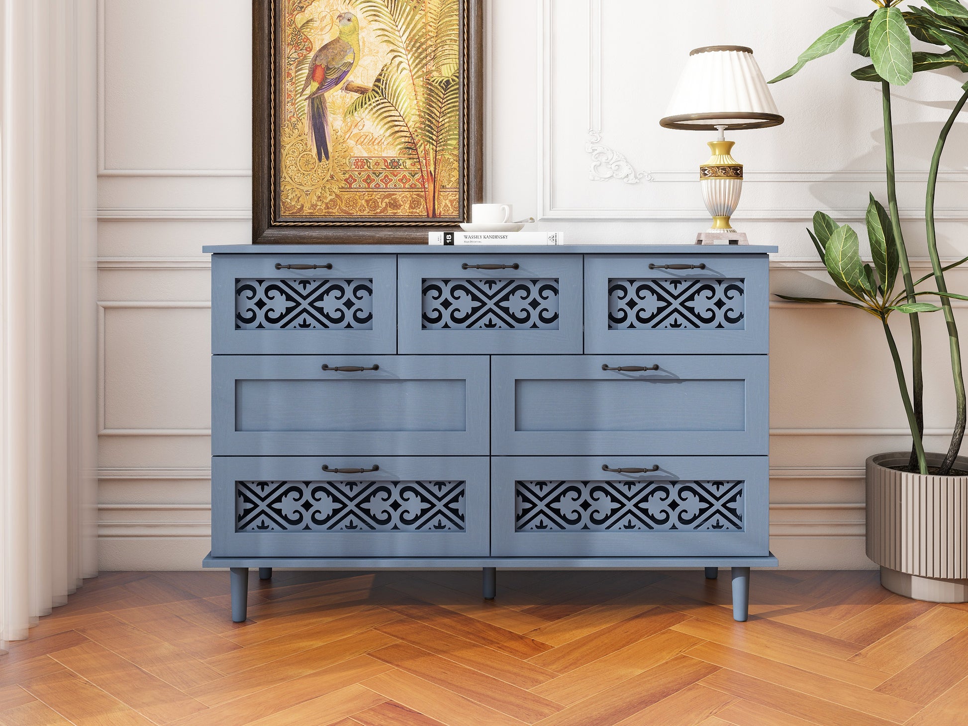 7 Drawer Cabinet, American Furniture, Suitable For Bedroom, Living Room, Study Blue Particle Board