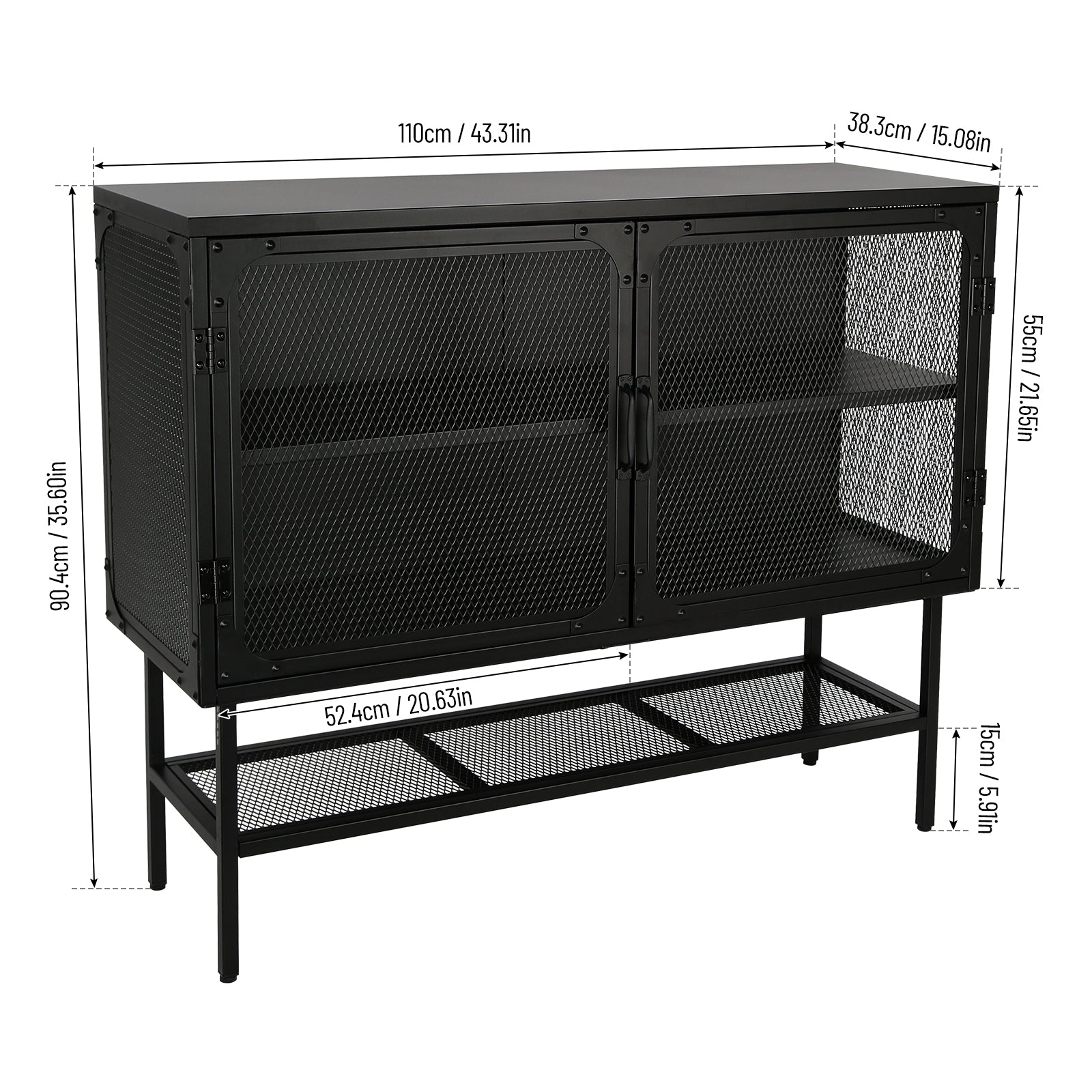 Industrial Double Door Cabinet Console Table With 2 Mesh Doors Adjustable Shelf And Feet Bottom Shelf Anti Tip Dust Free Kitchen Credenza Sideboard Frosted Black Black Steel